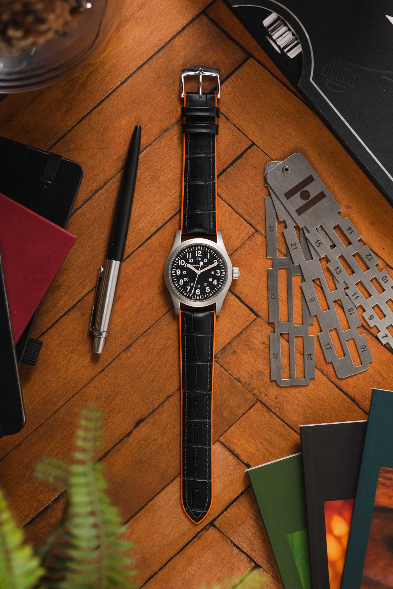 Hirsch ANDY Alligator Embossed Performance Watch Strap in BLACK /ORANGE - Image 6