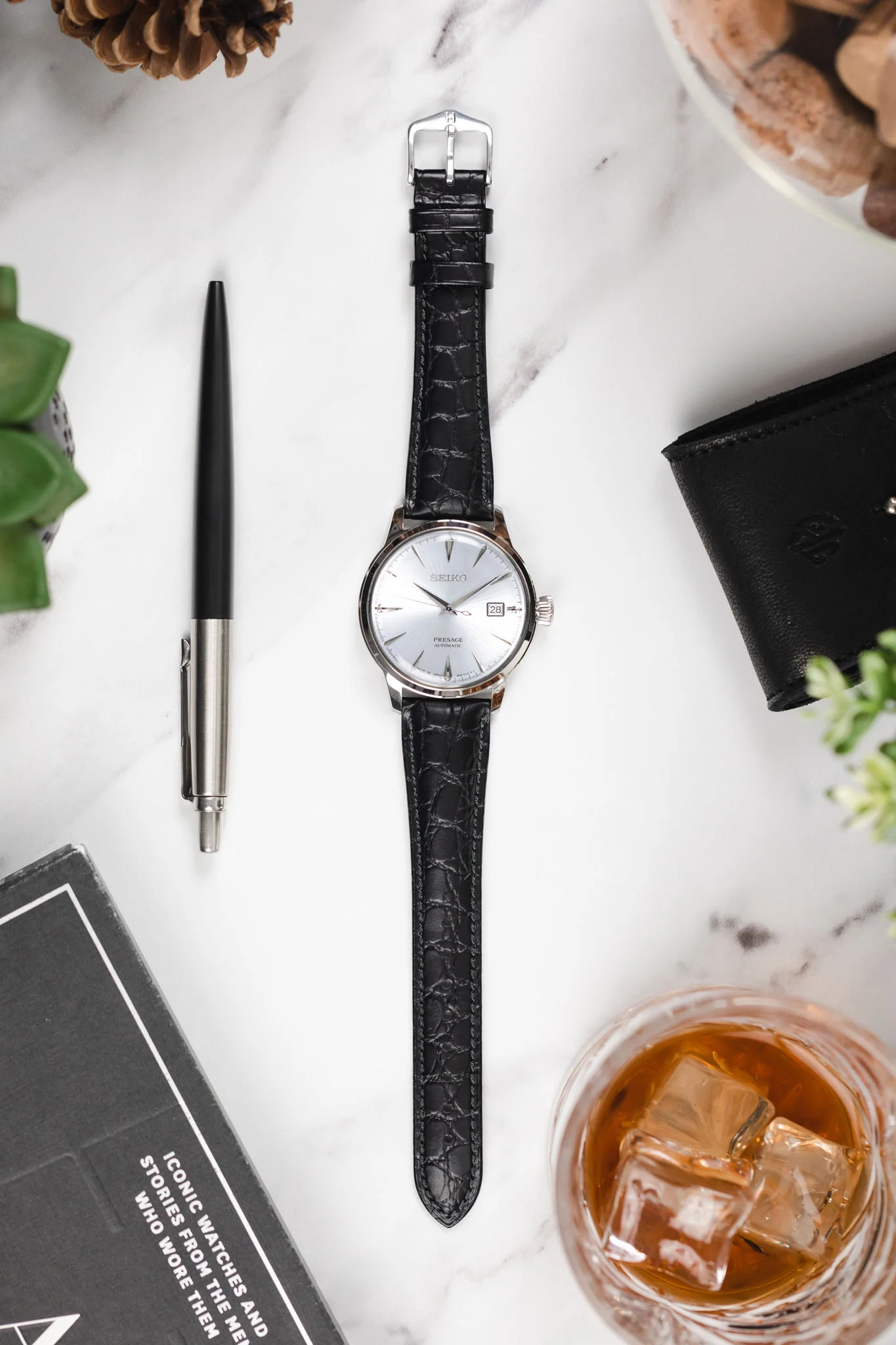 Hirsch ARISTOCRAT Croco-Embossed Leather Watch Strap in BLACK - Image 6