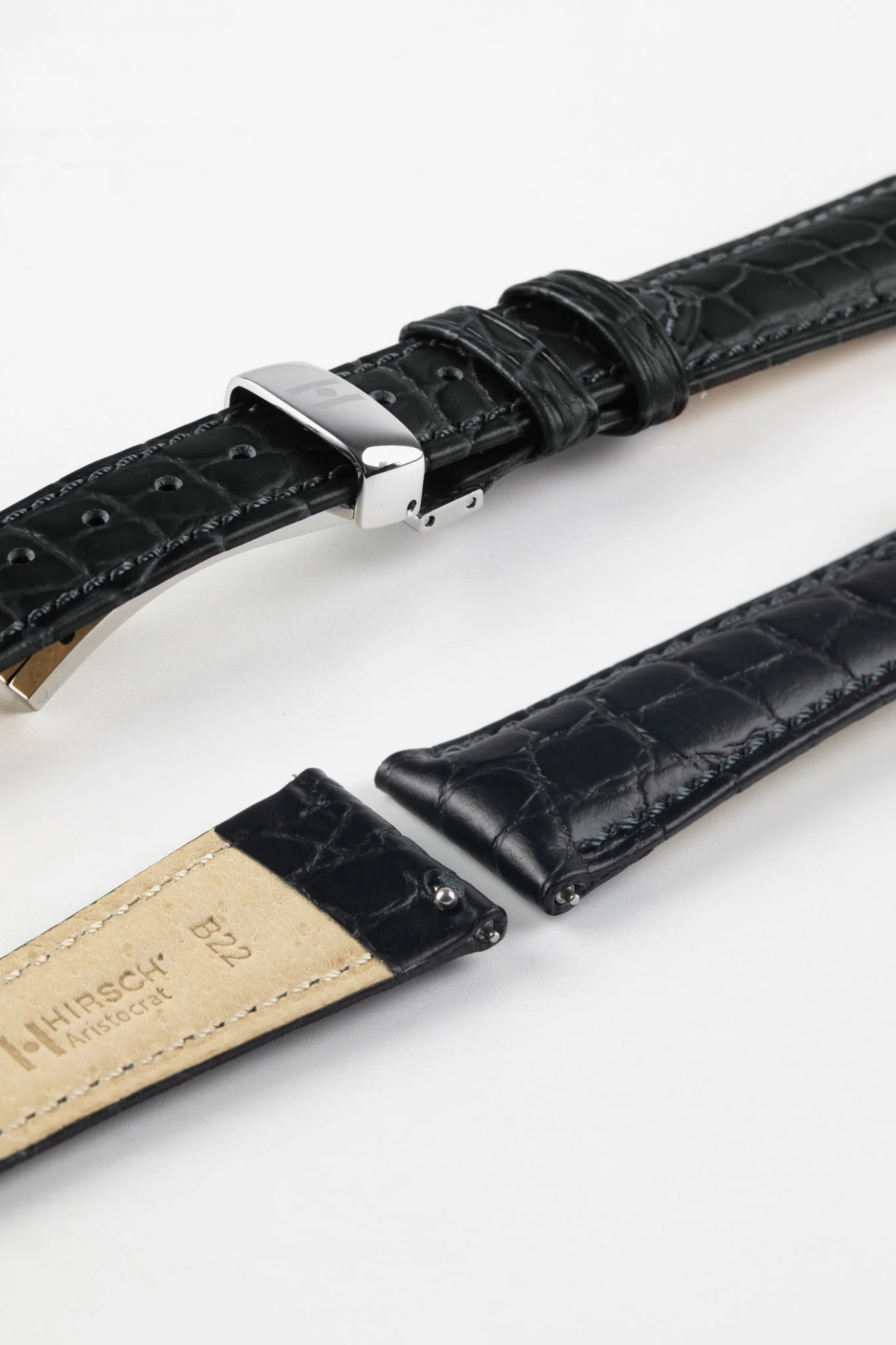 Hirsch ARISTOCRAT Croco-Embossed Leather Watch Strap in BLACK - Image 9