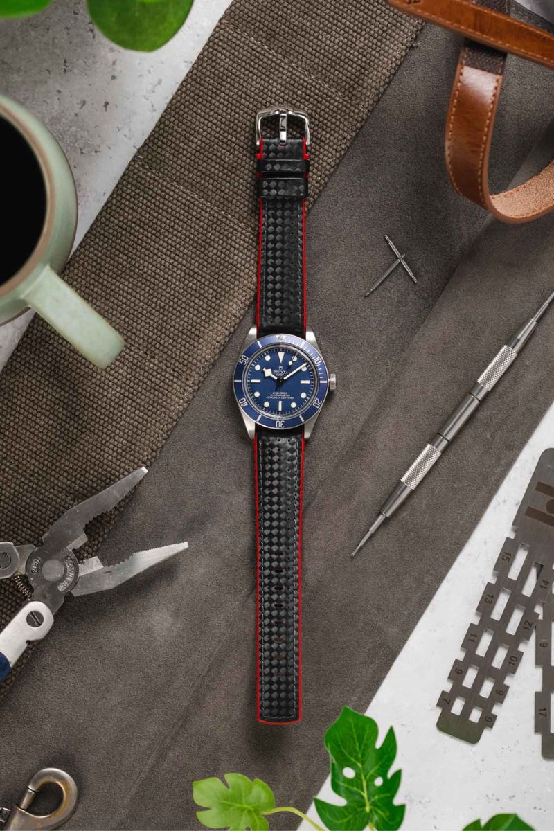 Hirsch AYRTON Carbon Embossed Performance Watch Strap in BLACK / RED - Image 6