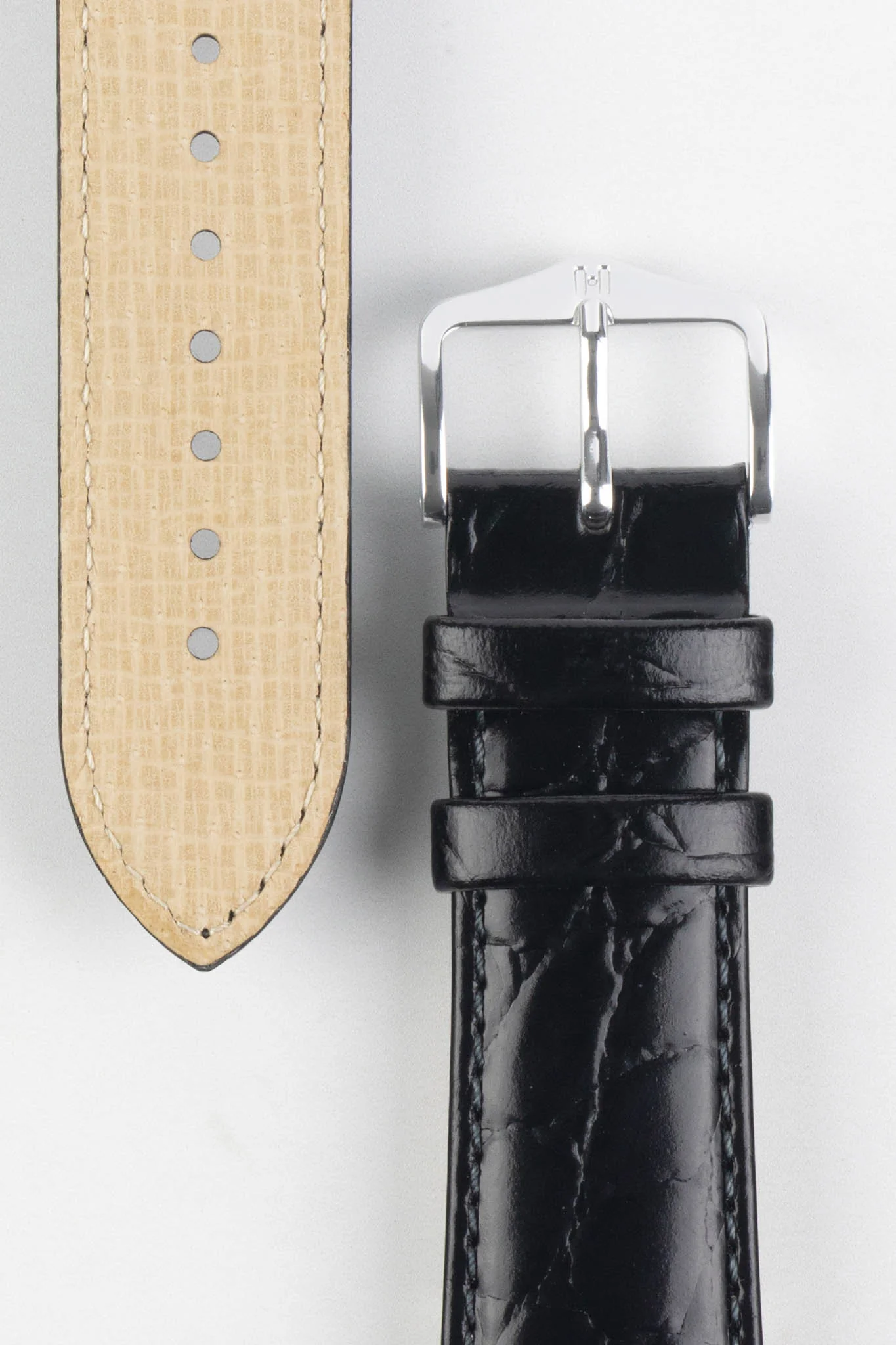 Hirsch CROCOGRAIN Crocodile Embossed Leather Watch Strap in BLACK - Image 3