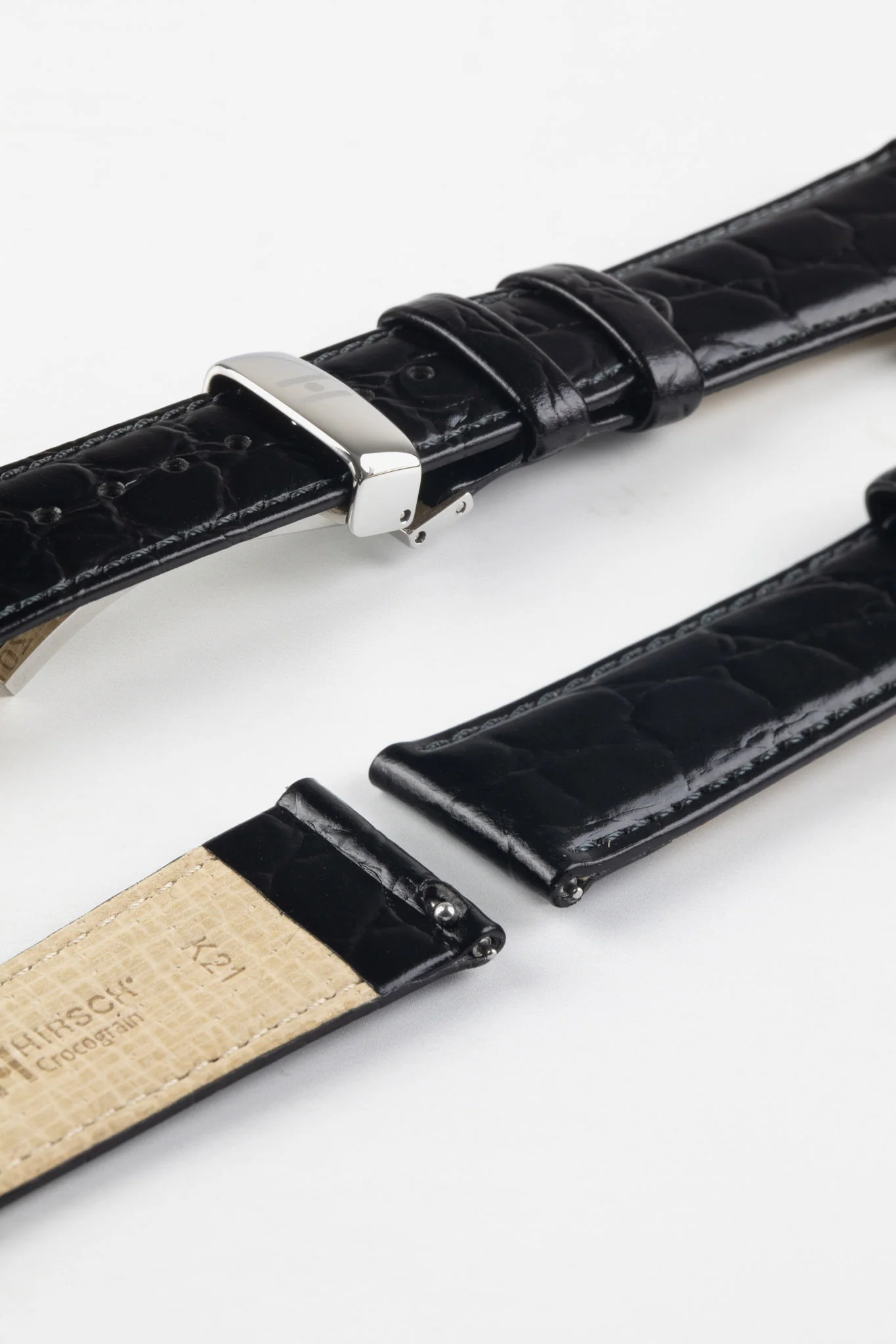 Hirsch CROCOGRAIN Crocodile Embossed Leather Watch Strap in BLACK - Image 9