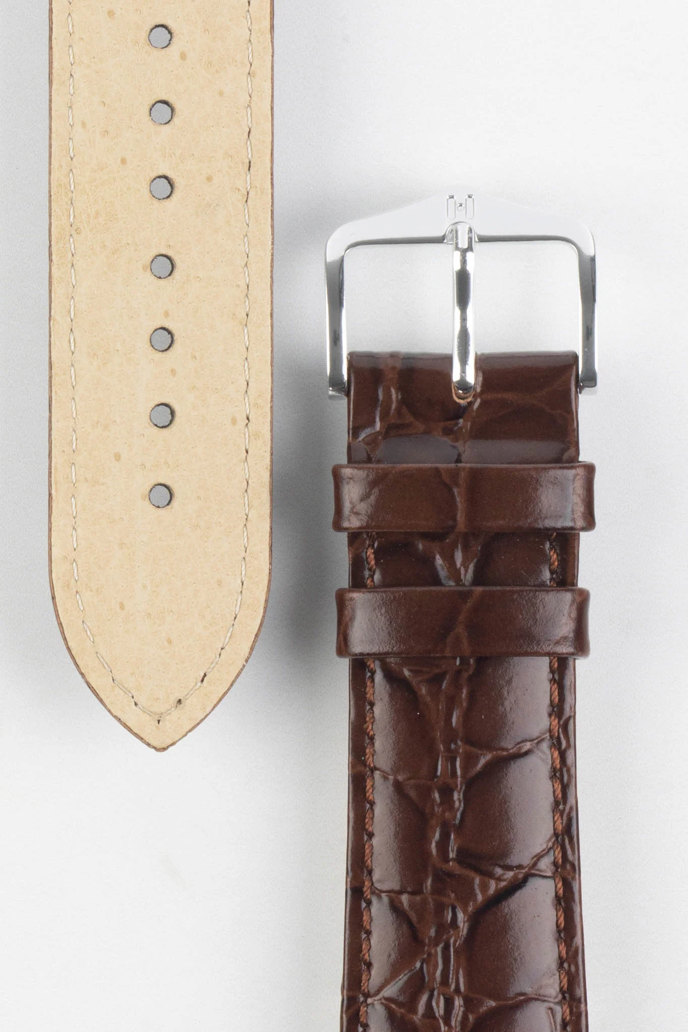Hirsch CROCOGRAIN Crocodile Embossed Leather Watch Strap in BROWN - Image 3