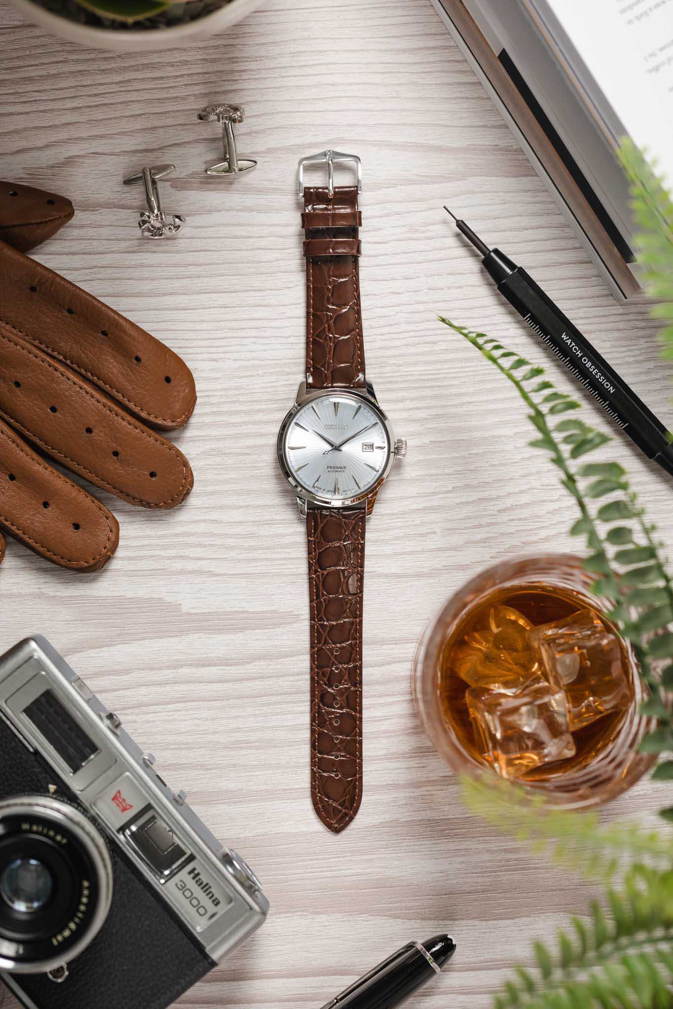 Hirsch CROCOGRAIN Crocodile Embossed Leather Watch Strap in BROWN - Image 6