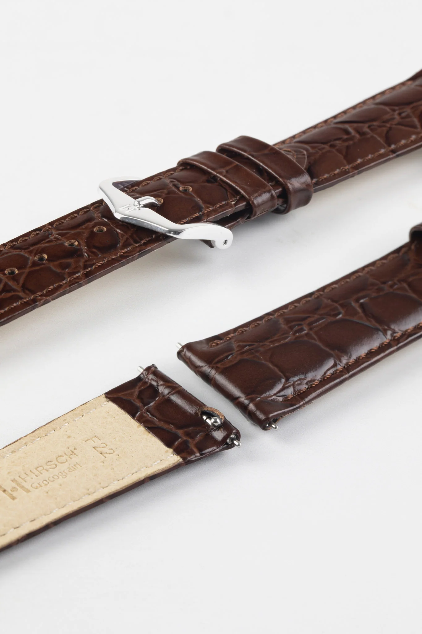 Hirsch CROCOGRAIN Crocodile Embossed Leather Watch Strap in BROWN - Image 7