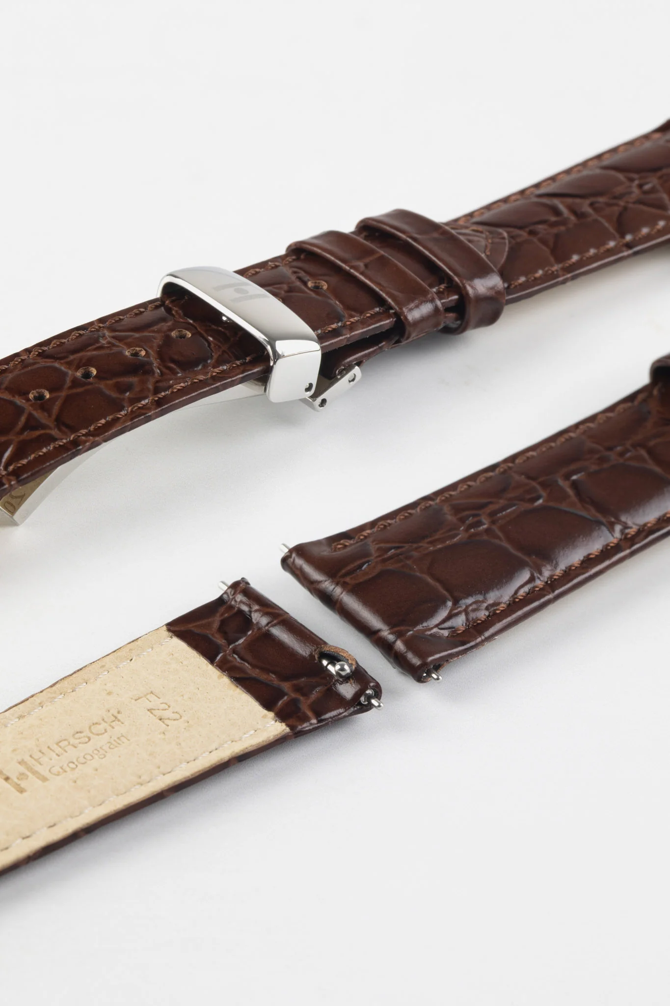 Hirsch CROCOGRAIN Crocodile Embossed Leather Watch Strap in BROWN - Image 9