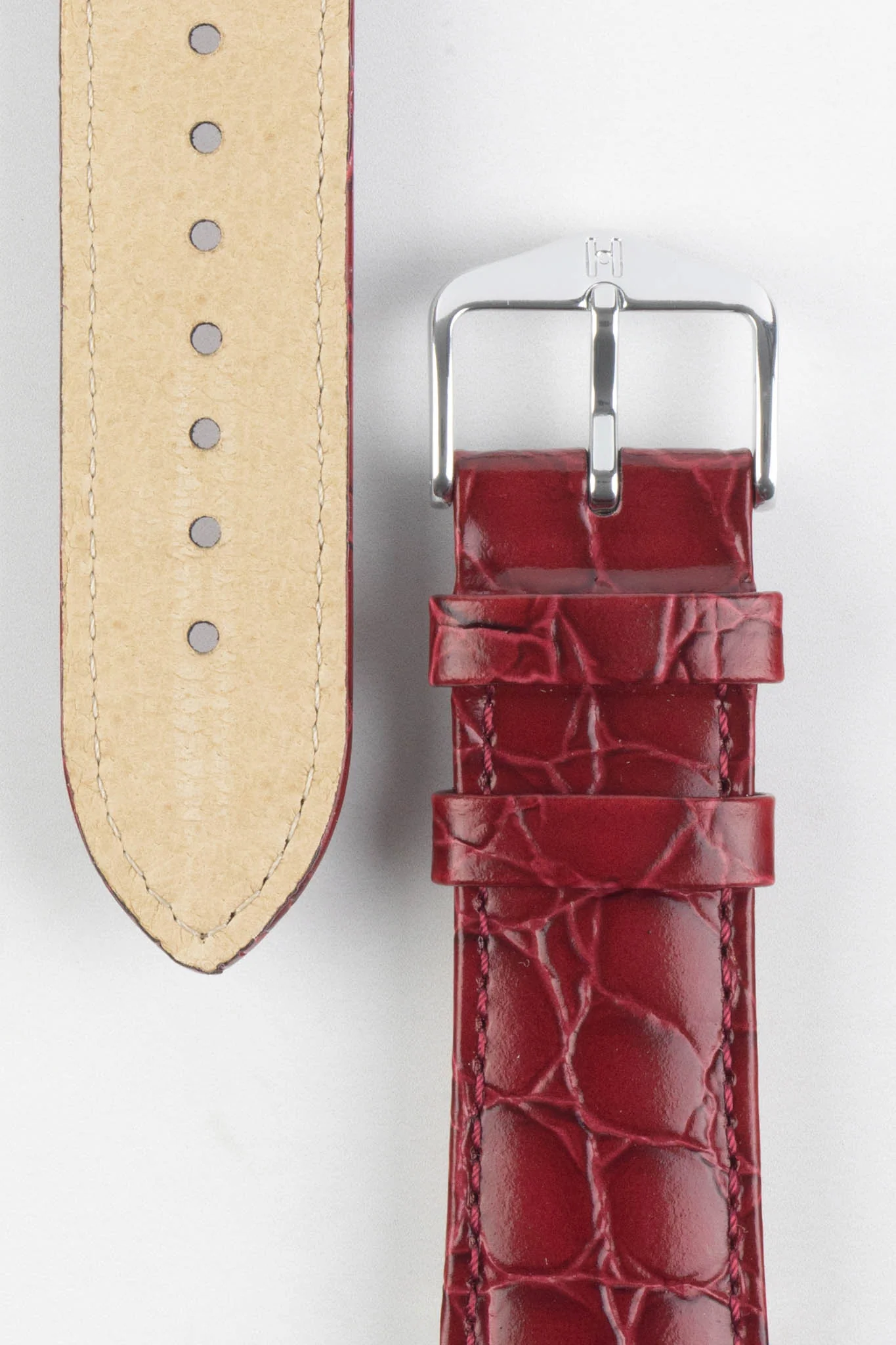 Hirsch CROCOGRAIN Crocodile Embossed Leather Watch Strap in BURGUNDY - Image 3