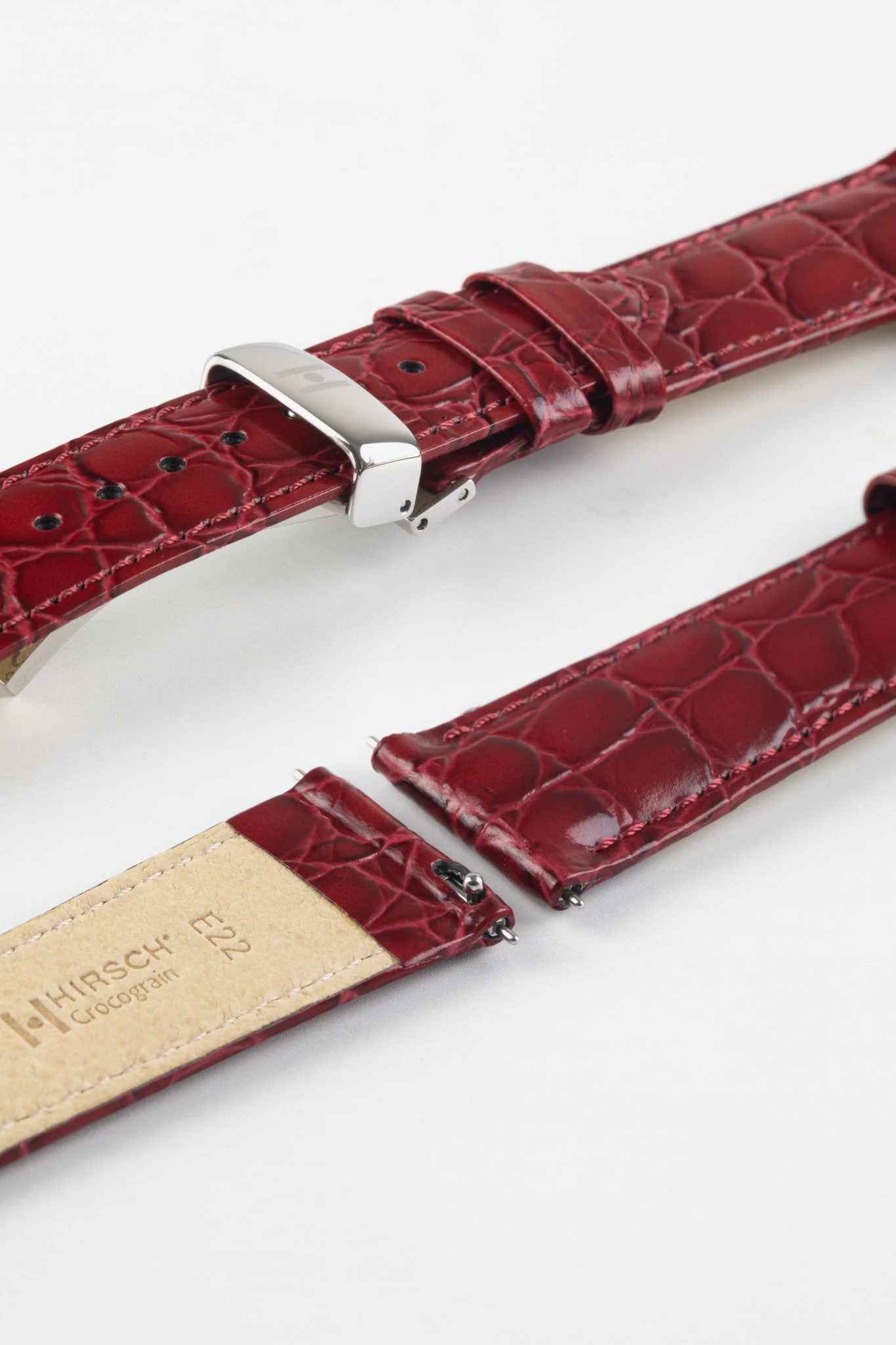 Hirsch CROCOGRAIN Crocodile Embossed Leather Watch Strap in BURGUNDY - Image 9