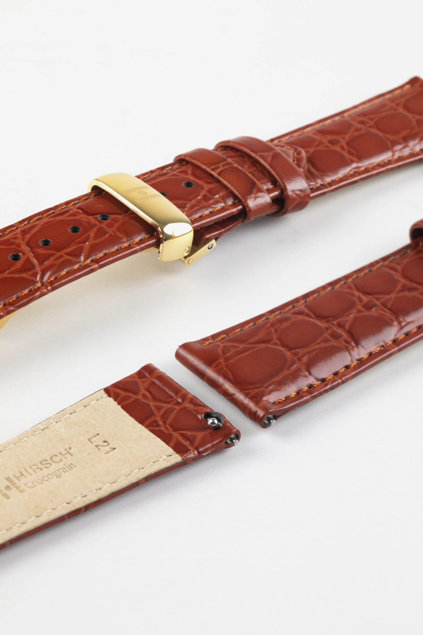 Hirsch CROCOGRAIN Crocodile Embossed Leather Watch Strap in GOLD BROWN - Image 10
