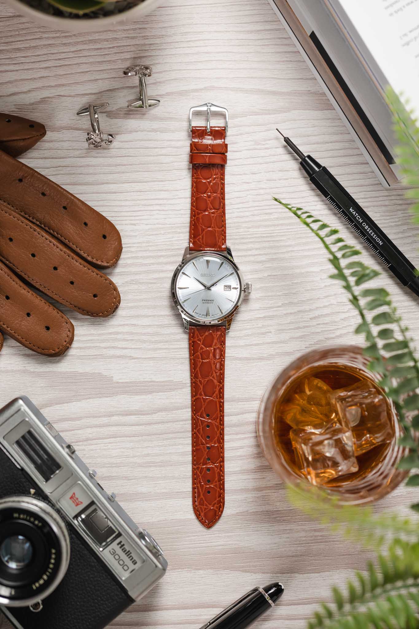 Hirsch CROCOGRAIN Crocodile Embossed Leather Watch Strap in GOLD BROWN - Image 6