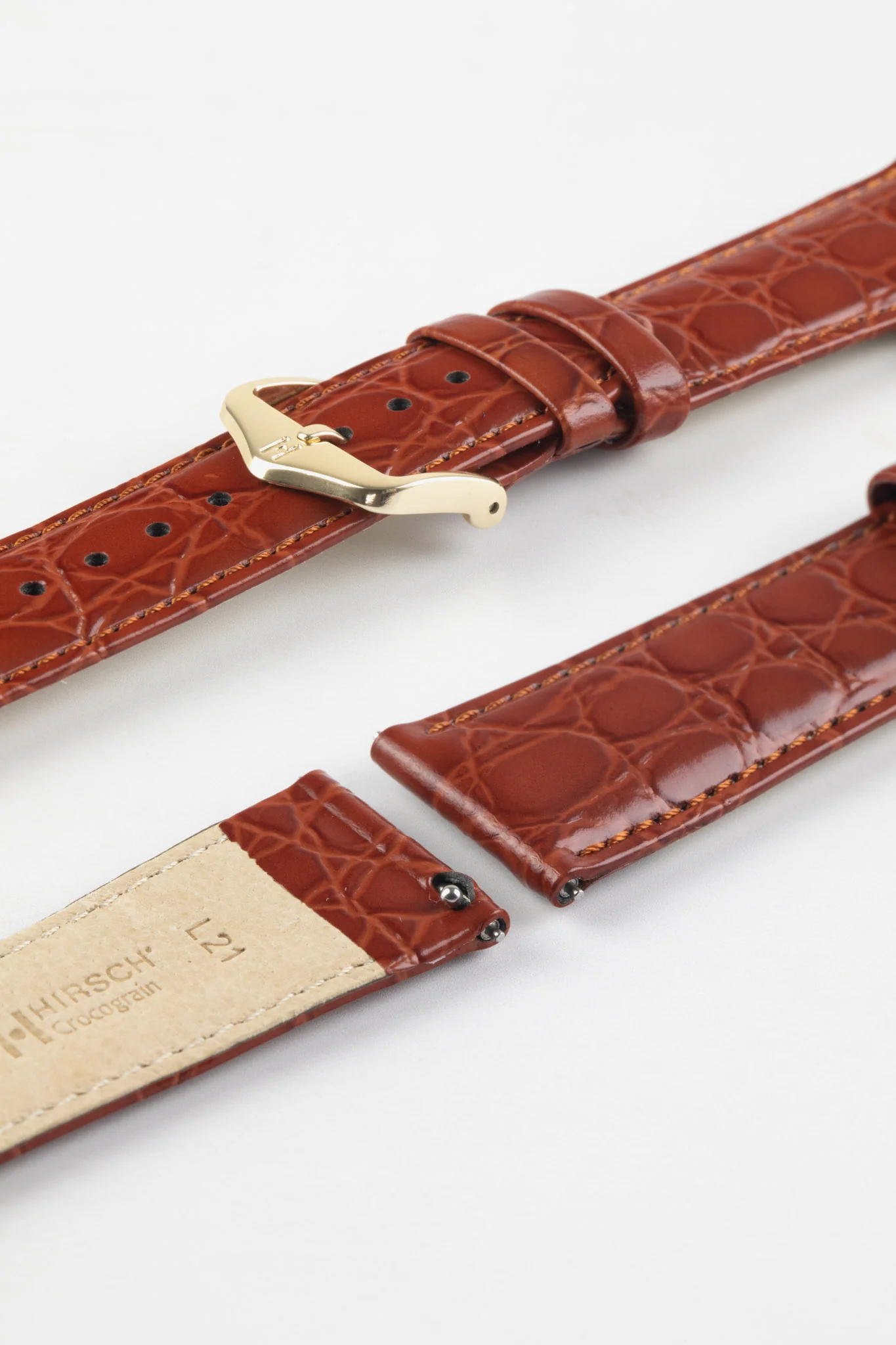 Hirsch CROCOGRAIN Crocodile Embossed Leather Watch Strap in GOLD BROWN - Image 8