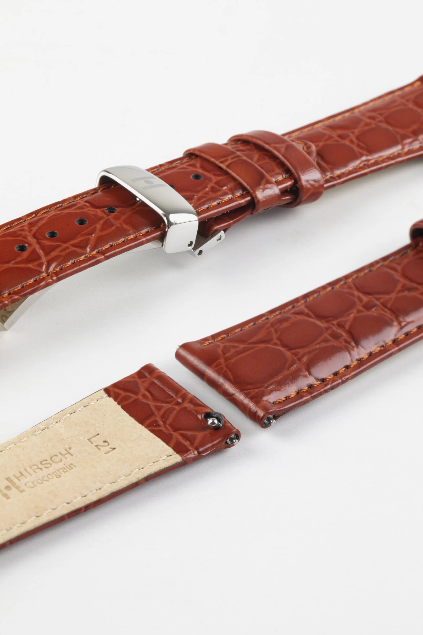 Hirsch CROCOGRAIN Crocodile Embossed Leather Watch Strap in GOLD BROWN - Image 9