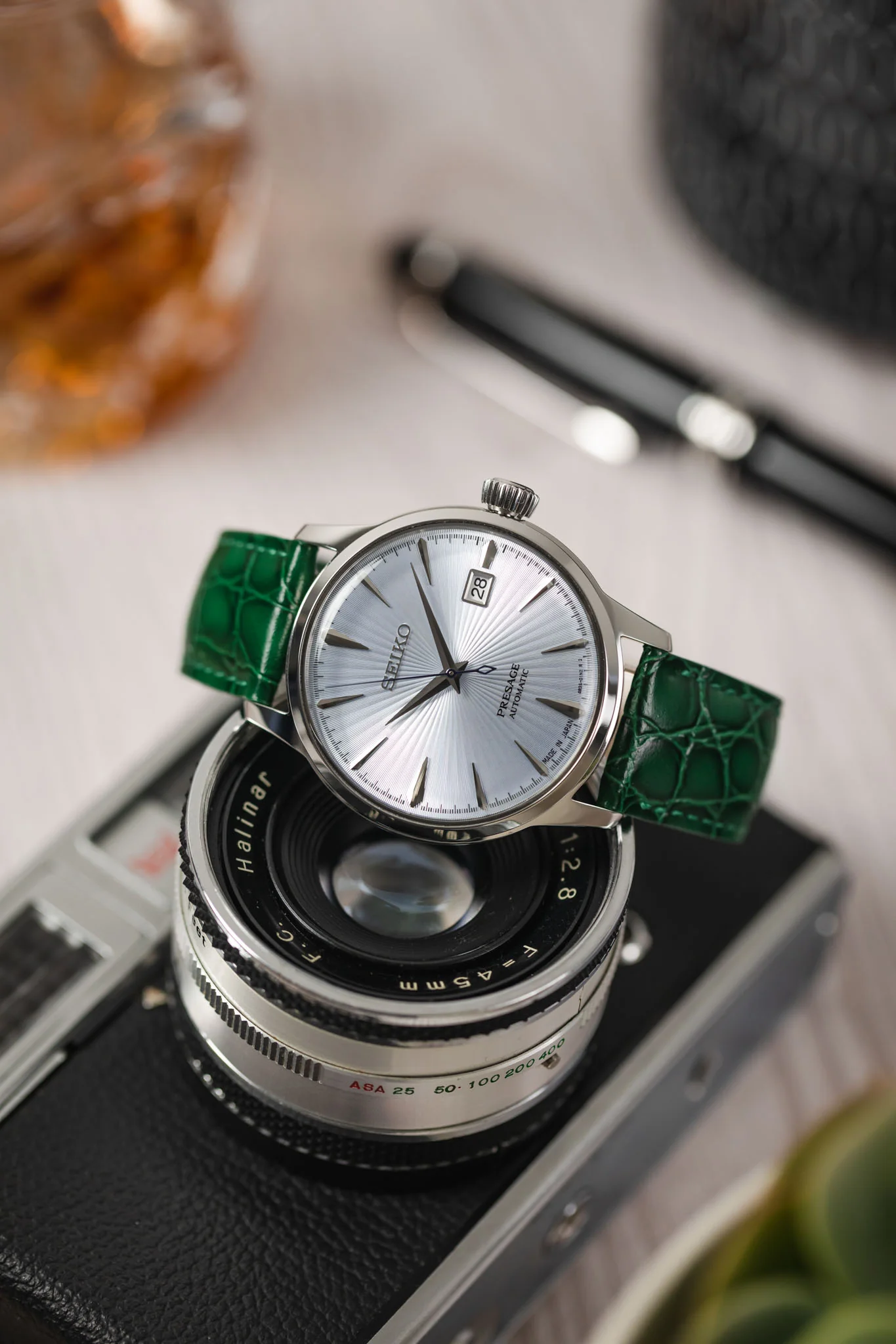 Hirsch CROCOGRAIN Crocodile Embossed Leather Watch Strap in GREEN - Image 4