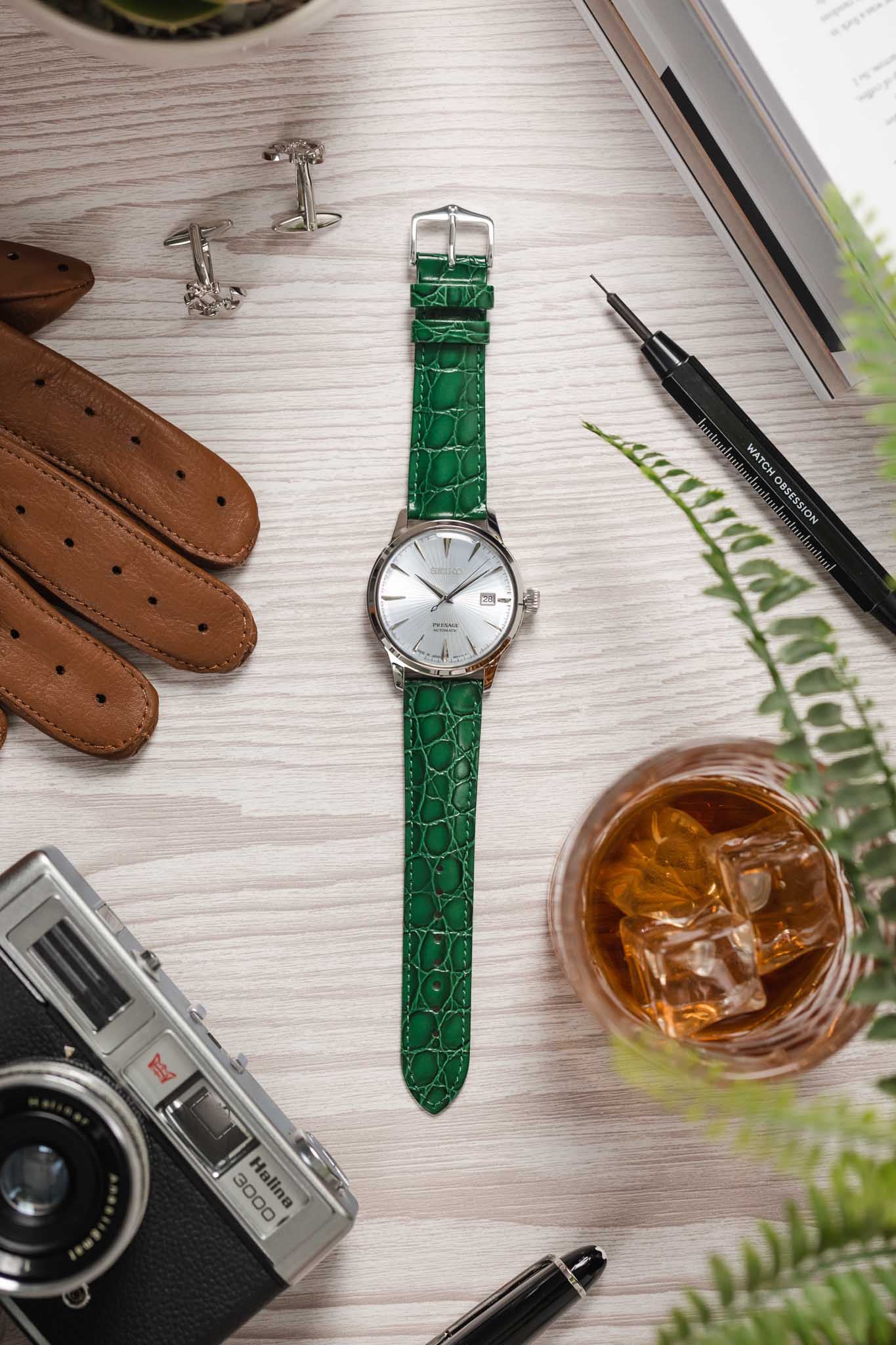 Hirsch CROCOGRAIN Crocodile Embossed Leather Watch Strap in GREEN - Image 6