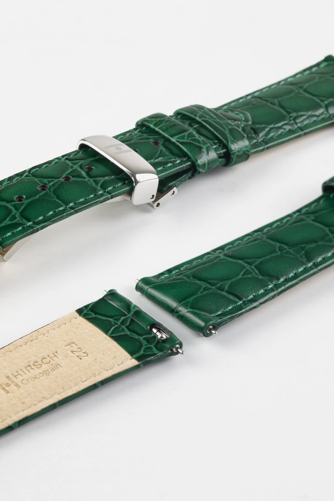 Hirsch CROCOGRAIN Crocodile Embossed Leather Watch Strap in GREEN - Image 9