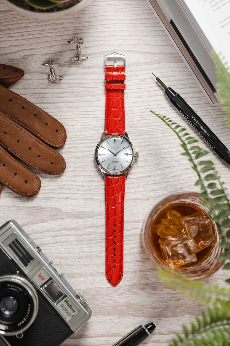 Hirsch CROCOGRAIN Crocodile Embossed Leather Watch Strap in RED - Image 6