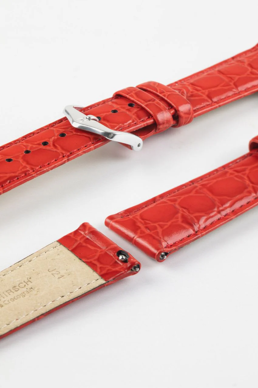 Hirsch CROCOGRAIN Crocodile Embossed Leather Watch Strap in RED - Image 7