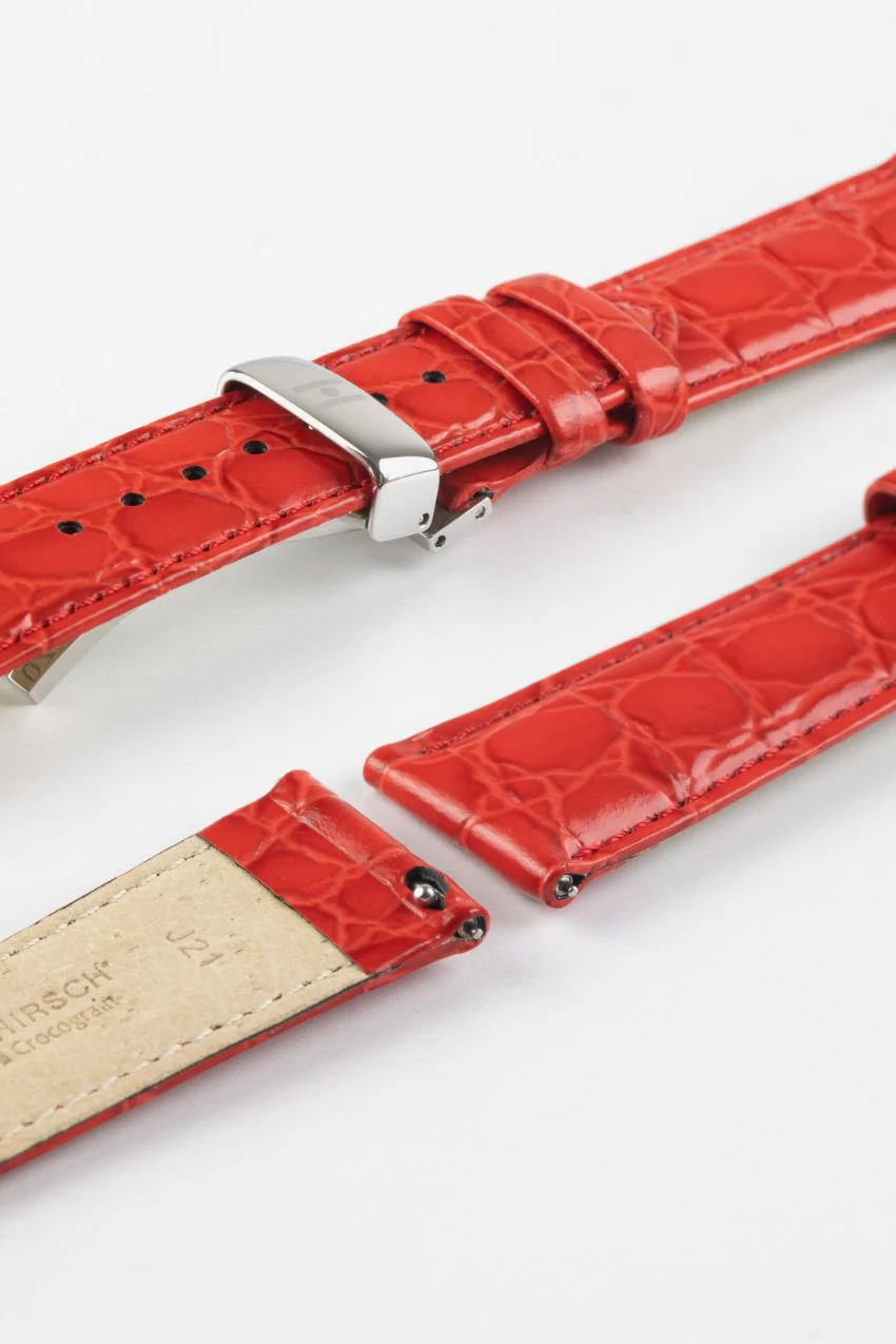 Hirsch CROCOGRAIN Crocodile Embossed Leather Watch Strap in RED - Image 9