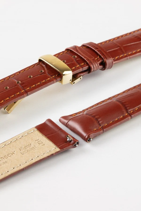 Hirsch DUKE Quick-Release Alligator Embossed Leather Watch Strap in GOLD BROWN - Image 10