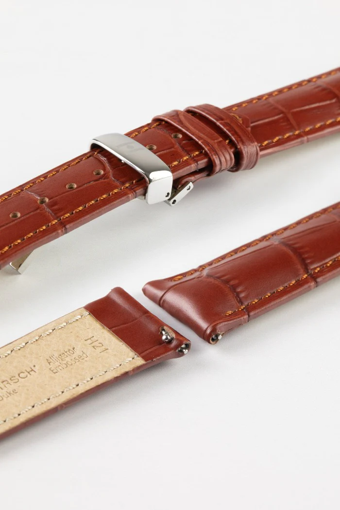 Hirsch DUKE Quick-Release Alligator Embossed Leather Watch Strap in GOLD BROWN - Image 9