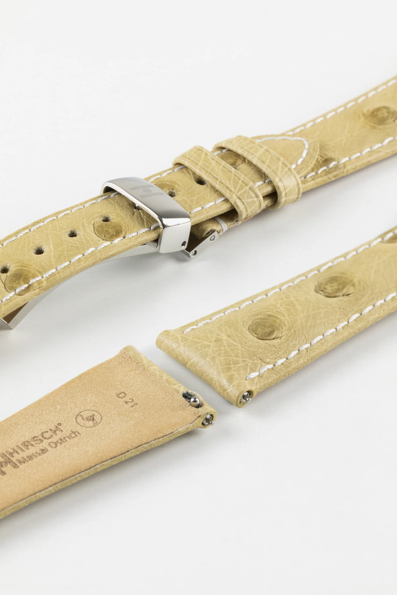 Hirsch MASSAI OSTRICH Leather Watch Strap in BEIGE With WHITE Stitching - Image 10