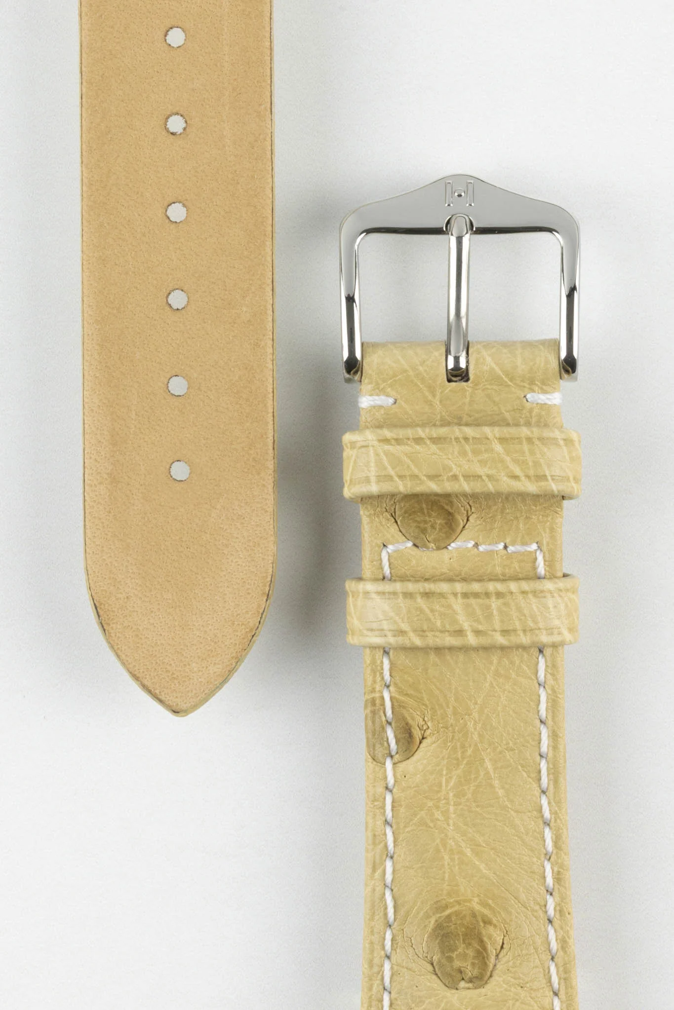 Hirsch MASSAI OSTRICH Leather Watch Strap in BEIGE With WHITE Stitching - Image 3