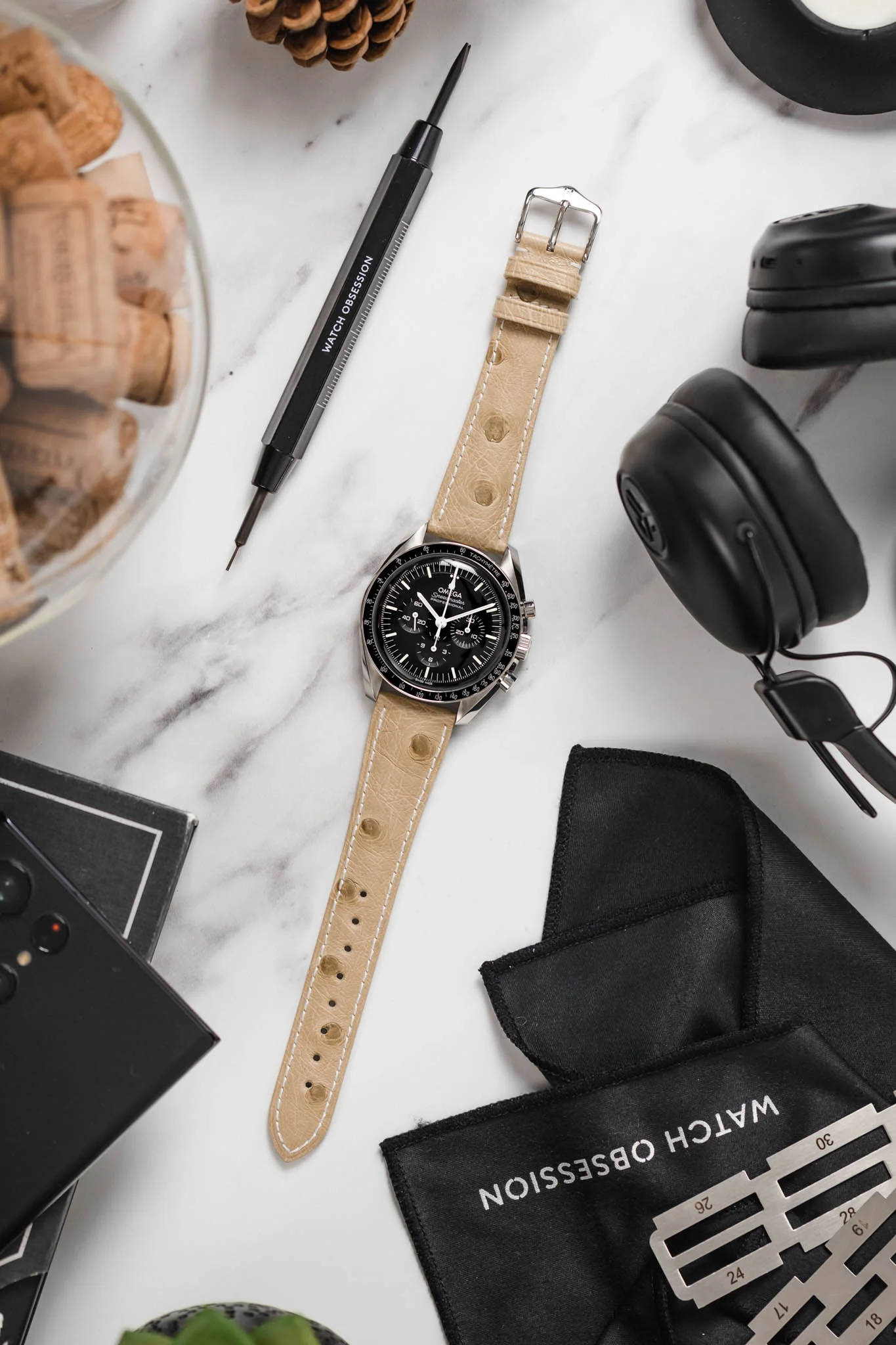 Hirsch MASSAI OSTRICH Leather Watch Strap in BEIGE With WHITE Stitching - Image 6