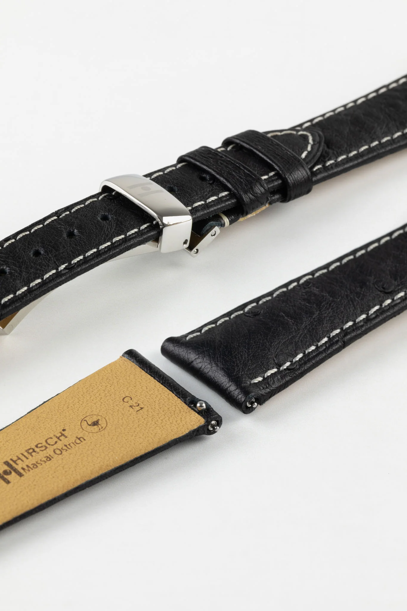 Hirsch MASSAI OSTRICH Leather Watch Strap in BLACK With WHITE Stitching - Image 10