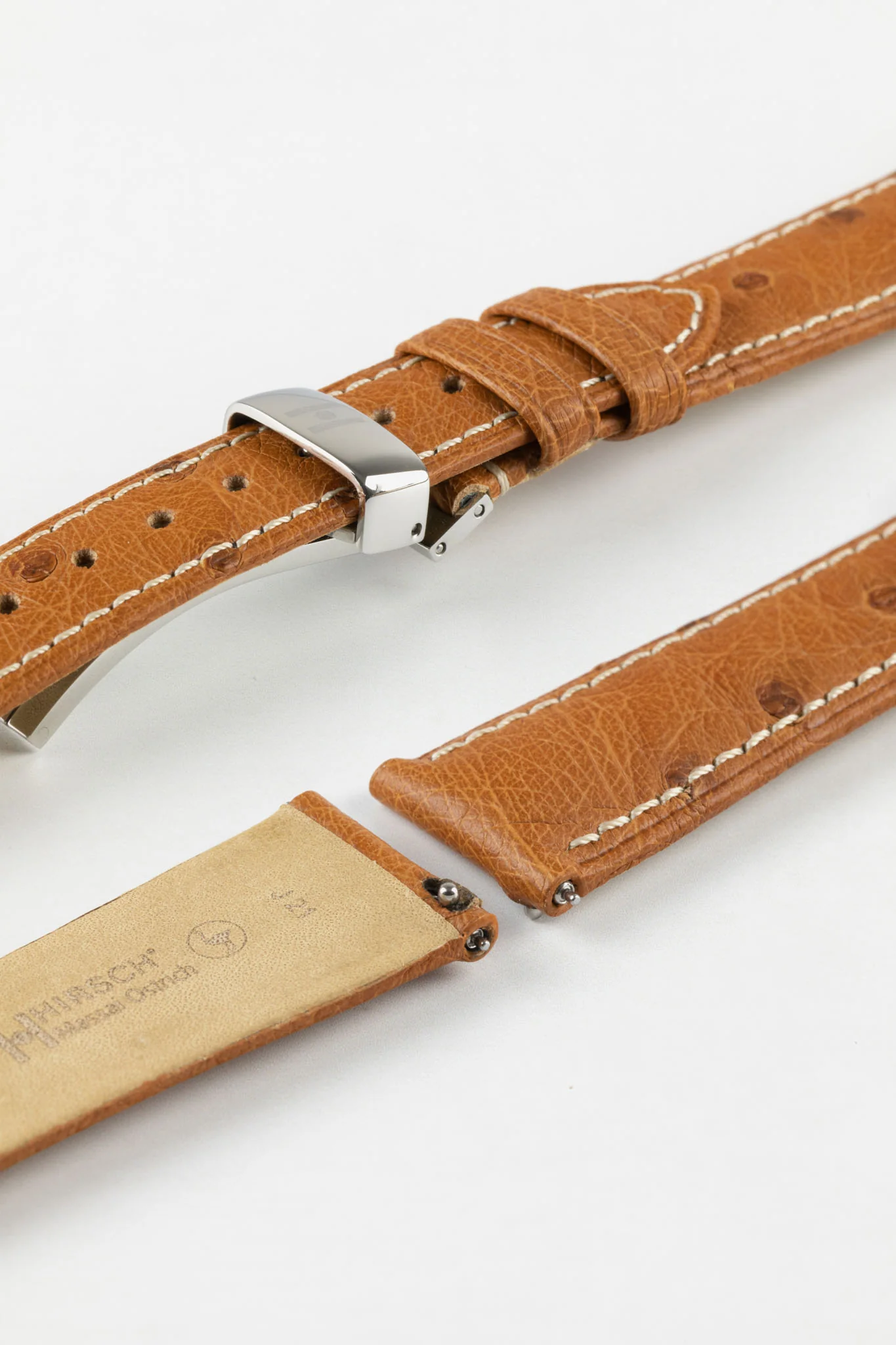 Hirsch MASSAI OSTRICH Leather Watch Strap in GOLD BROWN With WHITE Stitching - Image 10