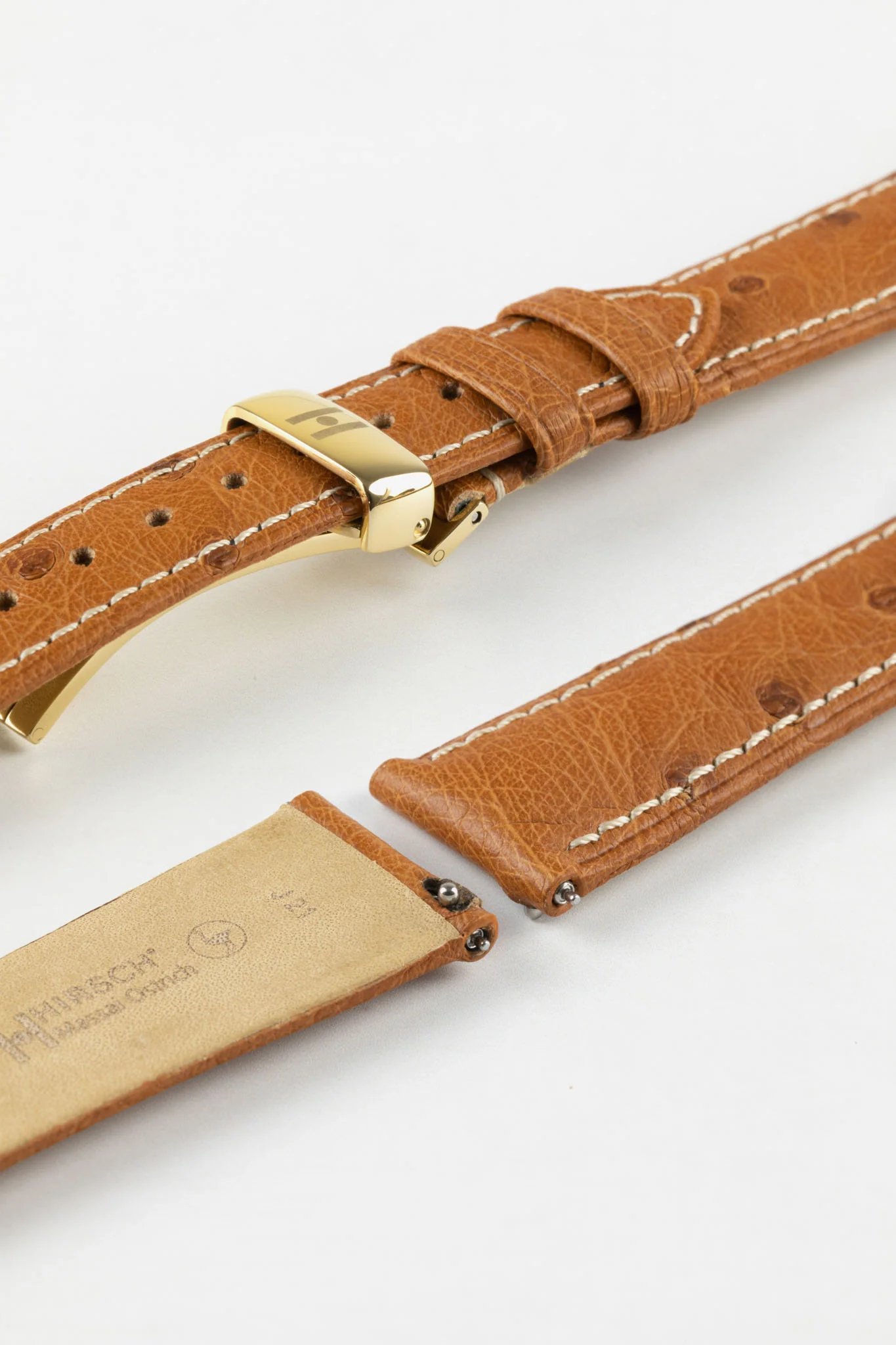 Hirsch MASSAI OSTRICH Leather Watch Strap in GOLD BROWN With WHITE Stitching - Image 11