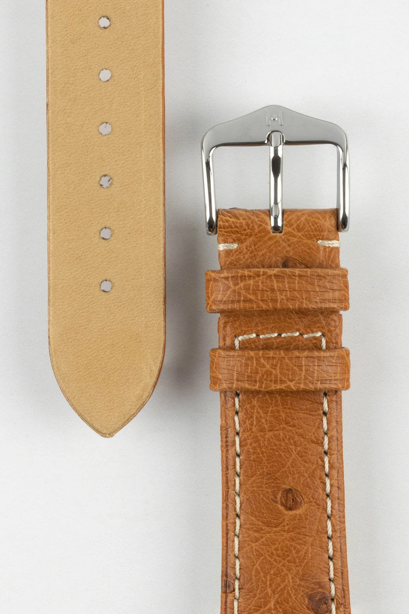 Hirsch MASSAI OSTRICH Leather Watch Strap in GOLD BROWN With WHITE Stitching - Image 3