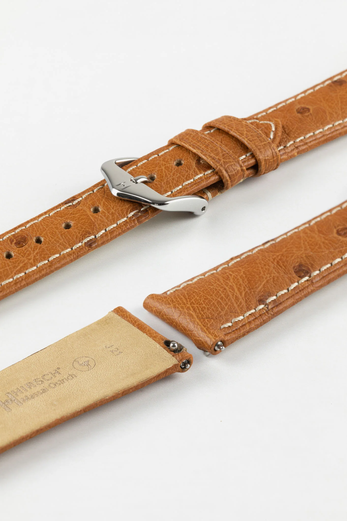 Hirsch MASSAI OSTRICH Leather Watch Strap in GOLD BROWN With WHITE Stitching - Image 7