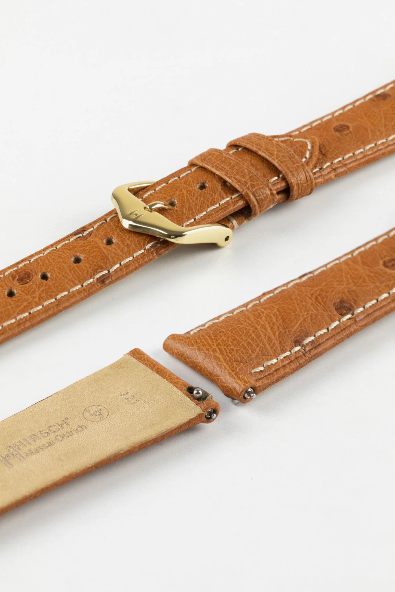 Hirsch MASSAI OSTRICH Leather Watch Strap in GOLD BROWN With WHITE Stitching - Image 8