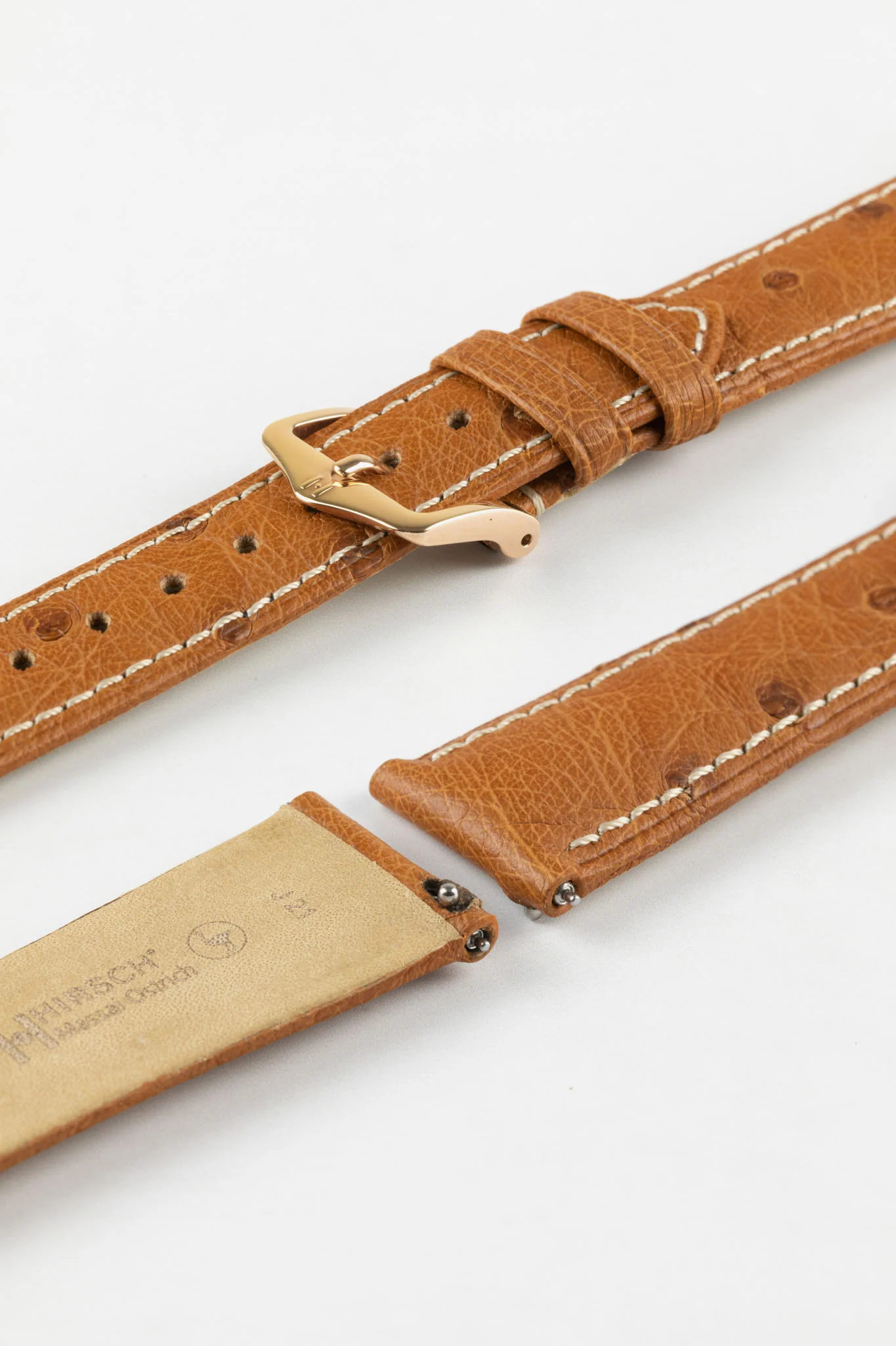 Hirsch MASSAI OSTRICH Leather Watch Strap in GOLD BROWN With WHITE Stitching - Image 9