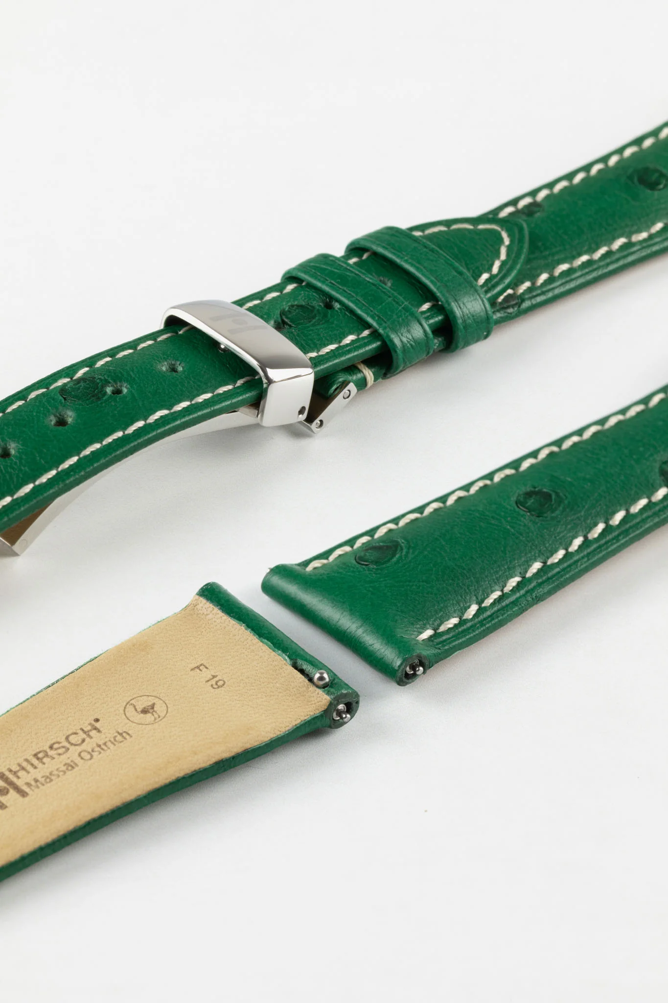 Hirsch MASSAI OSTRICH Leather Watch Strap in GREEN With WHITE Stitching - Image 10