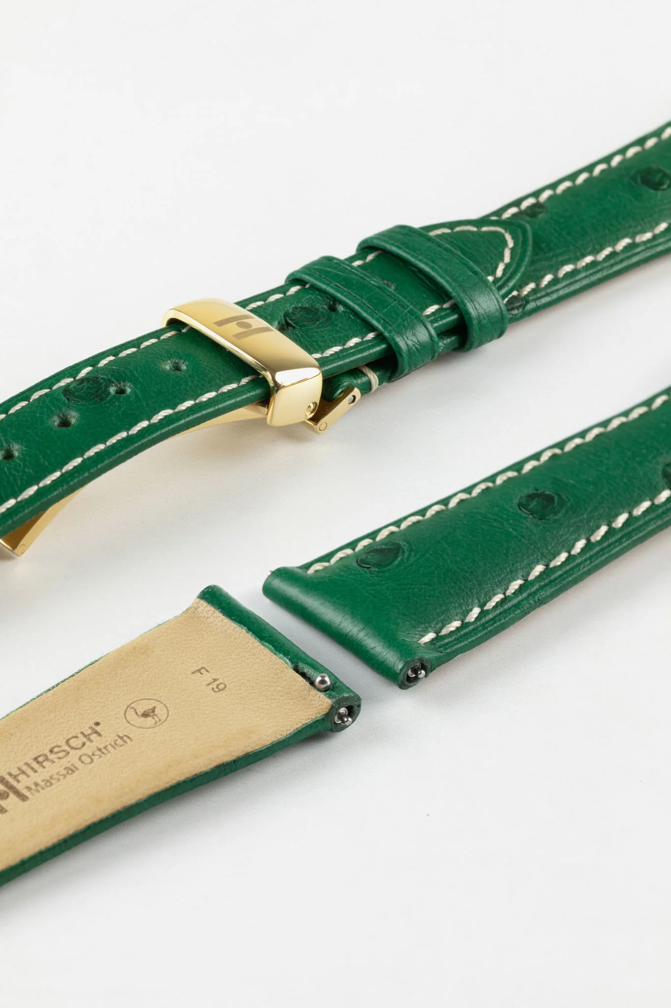 Hirsch MASSAI OSTRICH Leather Watch Strap in GREEN With WHITE Stitching - Image 11