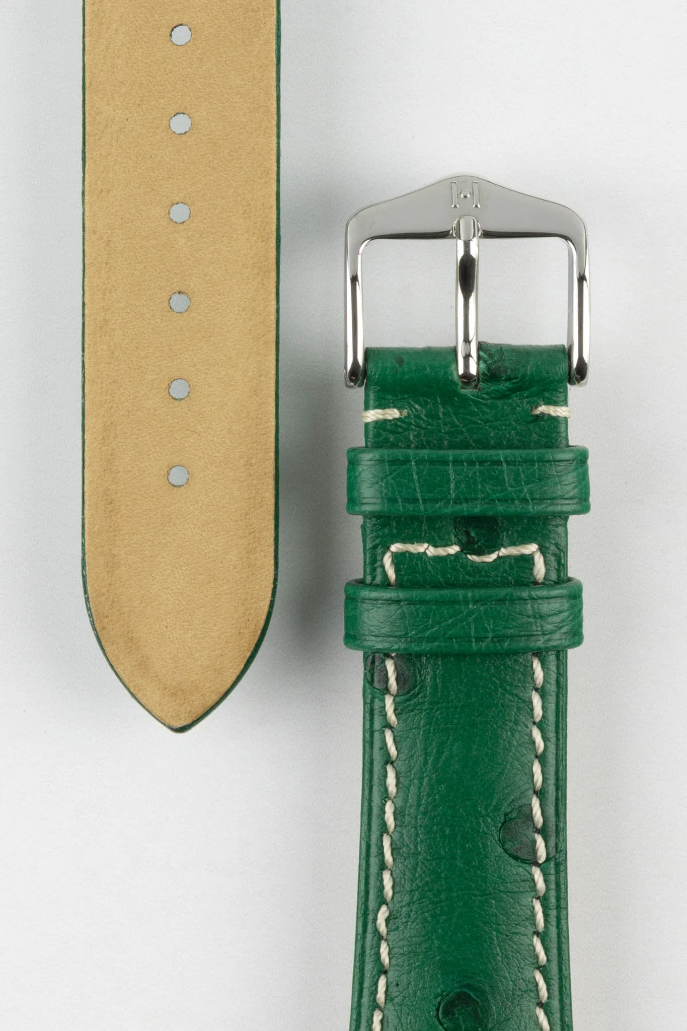 Hirsch MASSAI OSTRICH Leather Watch Strap in GREEN With WHITE Stitching - Image 3