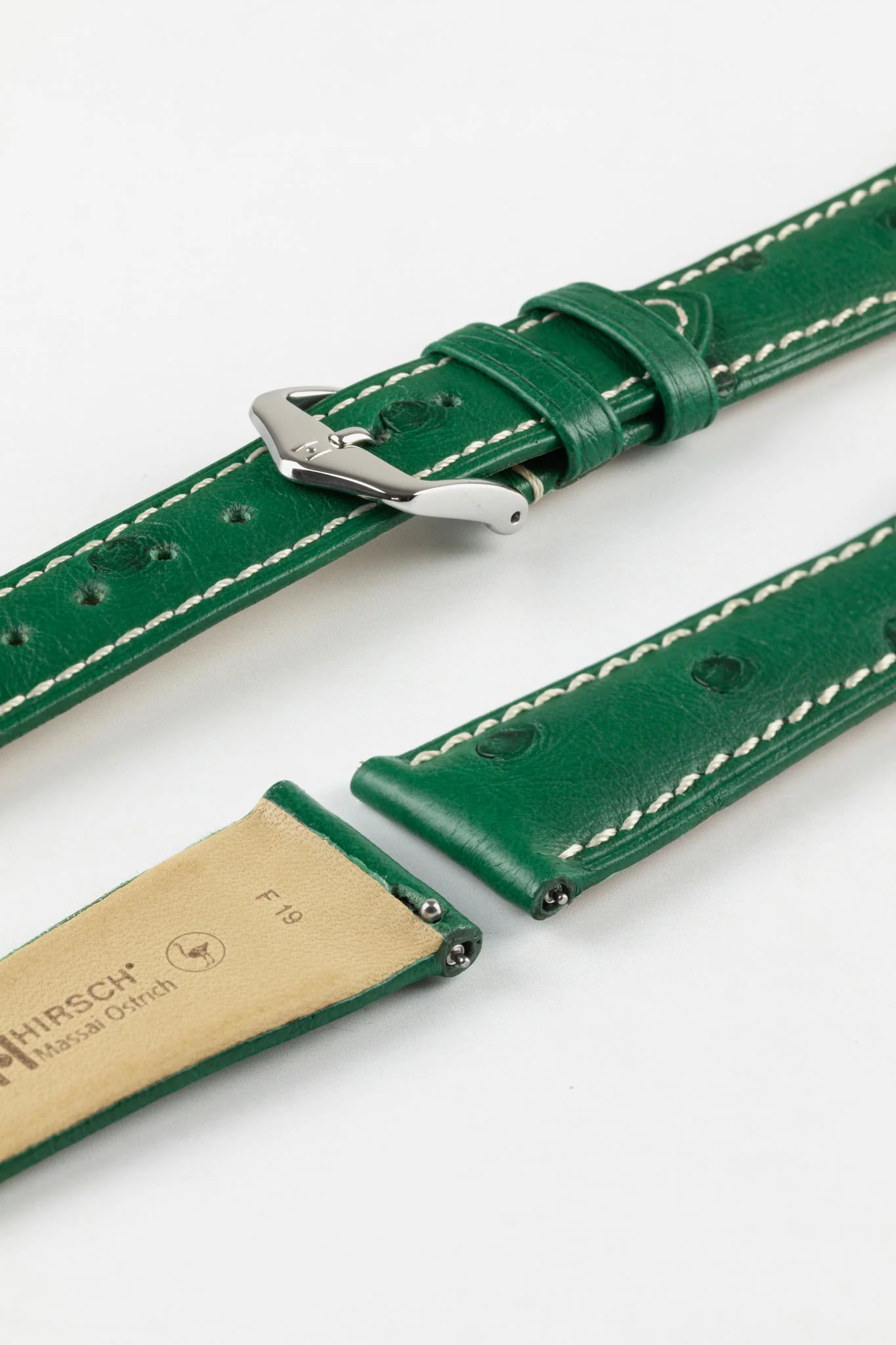 Hirsch MASSAI OSTRICH Leather Watch Strap in GREEN With WHITE Stitching - Image 7