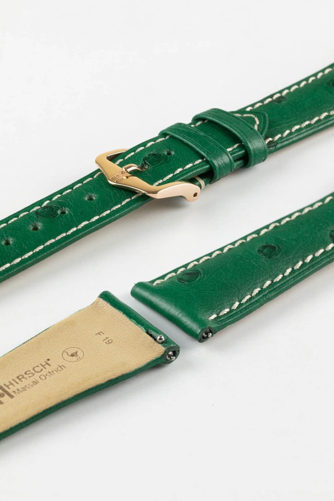Hirsch MASSAI OSTRICH Leather Watch Strap in GREEN With WHITE Stitching - Image 9
