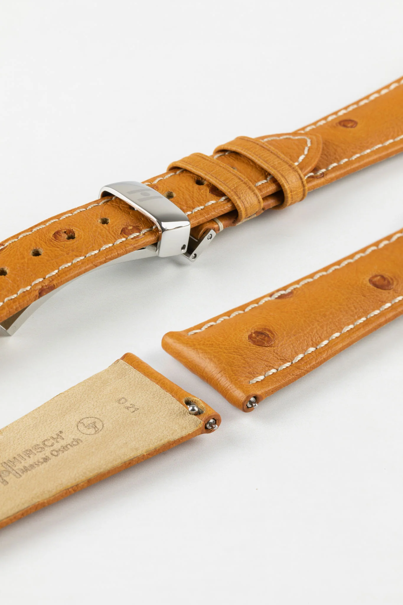 Hirsch MASSAI OSTRICH Leather Watch Strap in HONEY With WHITE Stitching - Image 10
