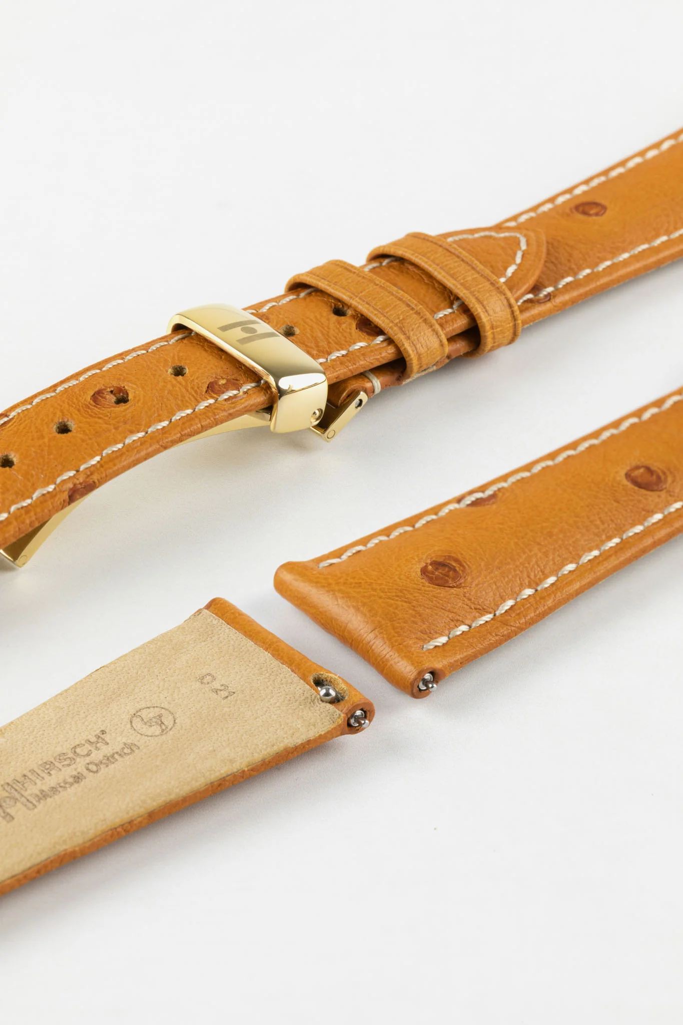 Hirsch MASSAI OSTRICH Leather Watch Strap in HONEY With WHITE Stitching - Image 11