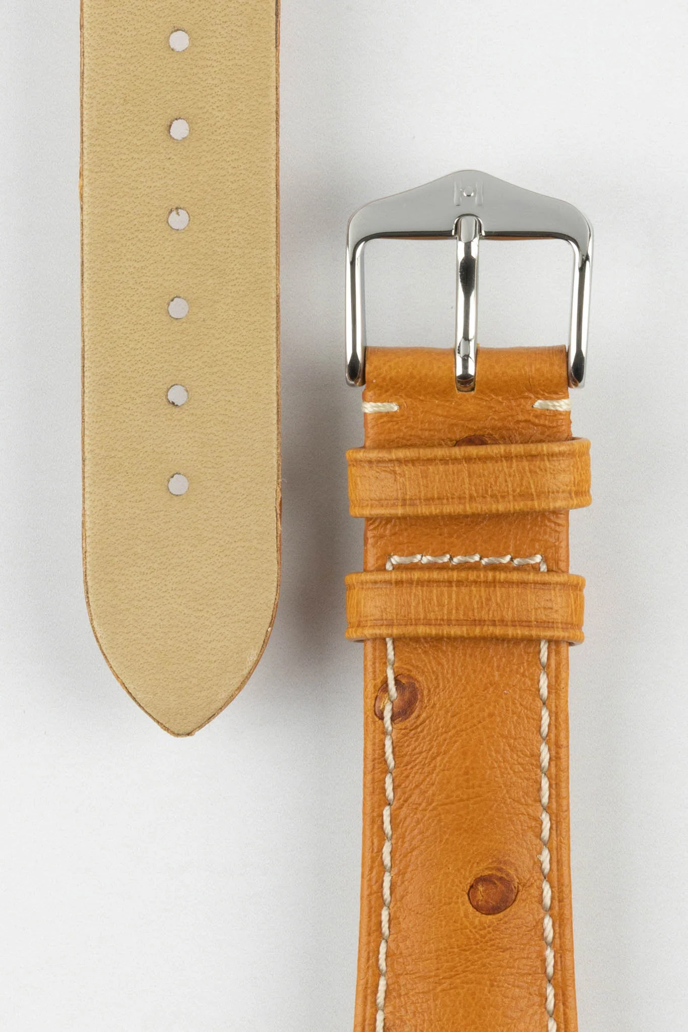 Hirsch MASSAI OSTRICH Leather Watch Strap in HONEY With WHITE Stitching - Image 3