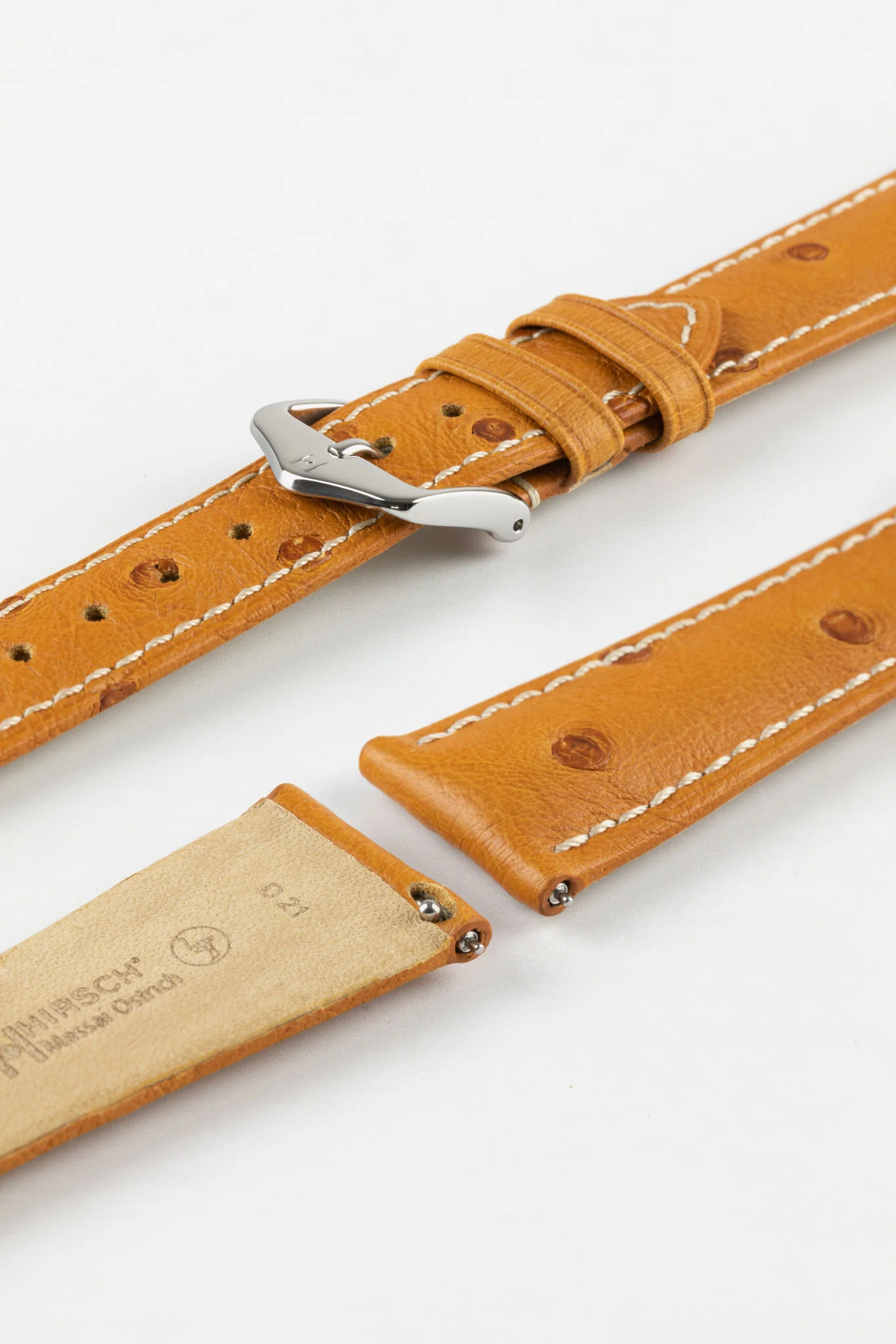 Hirsch MASSAI OSTRICH Leather Watch Strap in HONEY With WHITE Stitching - Image 7