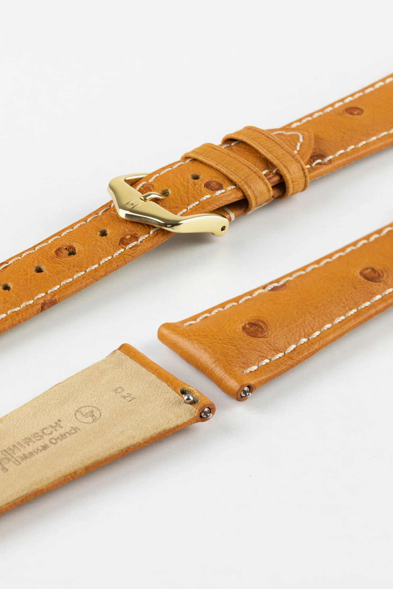 Hirsch MASSAI OSTRICH Leather Watch Strap in HONEY With WHITE Stitching - Image 8