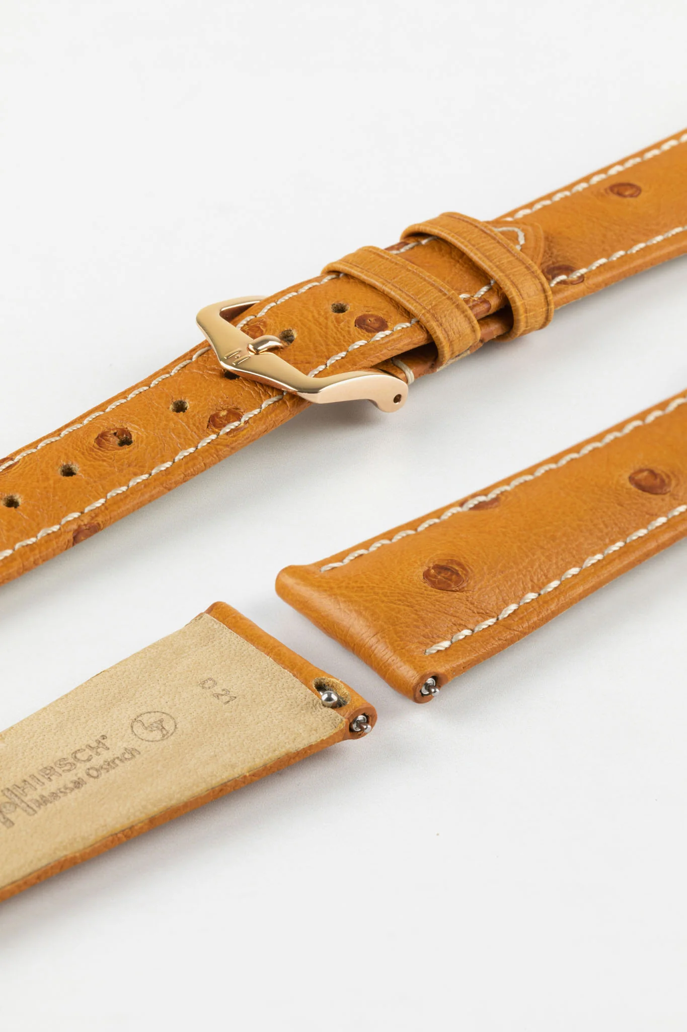 Hirsch MASSAI OSTRICH Leather Watch Strap in HONEY With WHITE Stitching - Image 9