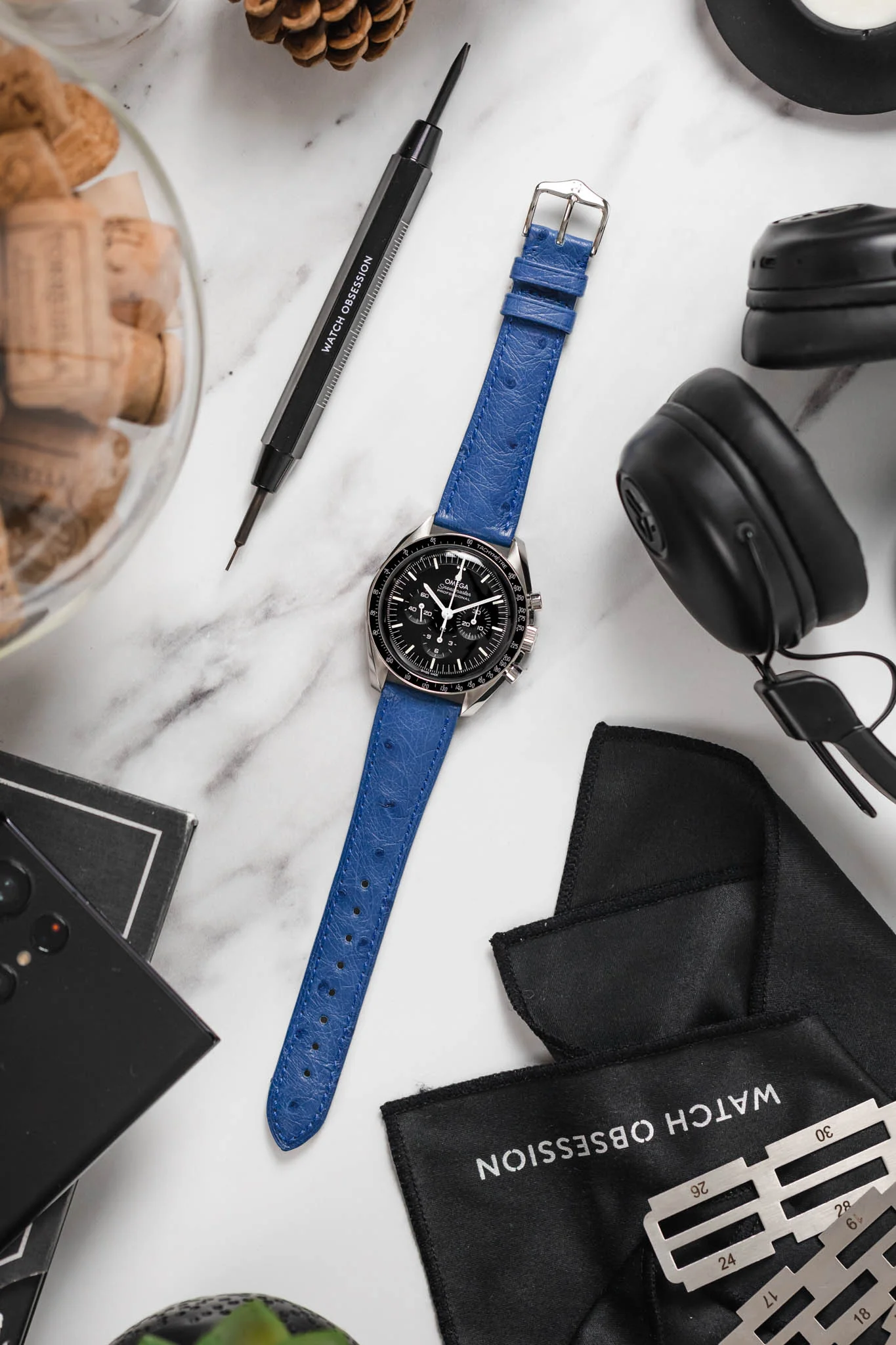 Hirsch MASSAI OSTRICH Leather Watch Strap in ROYAL BLUE - Image 6