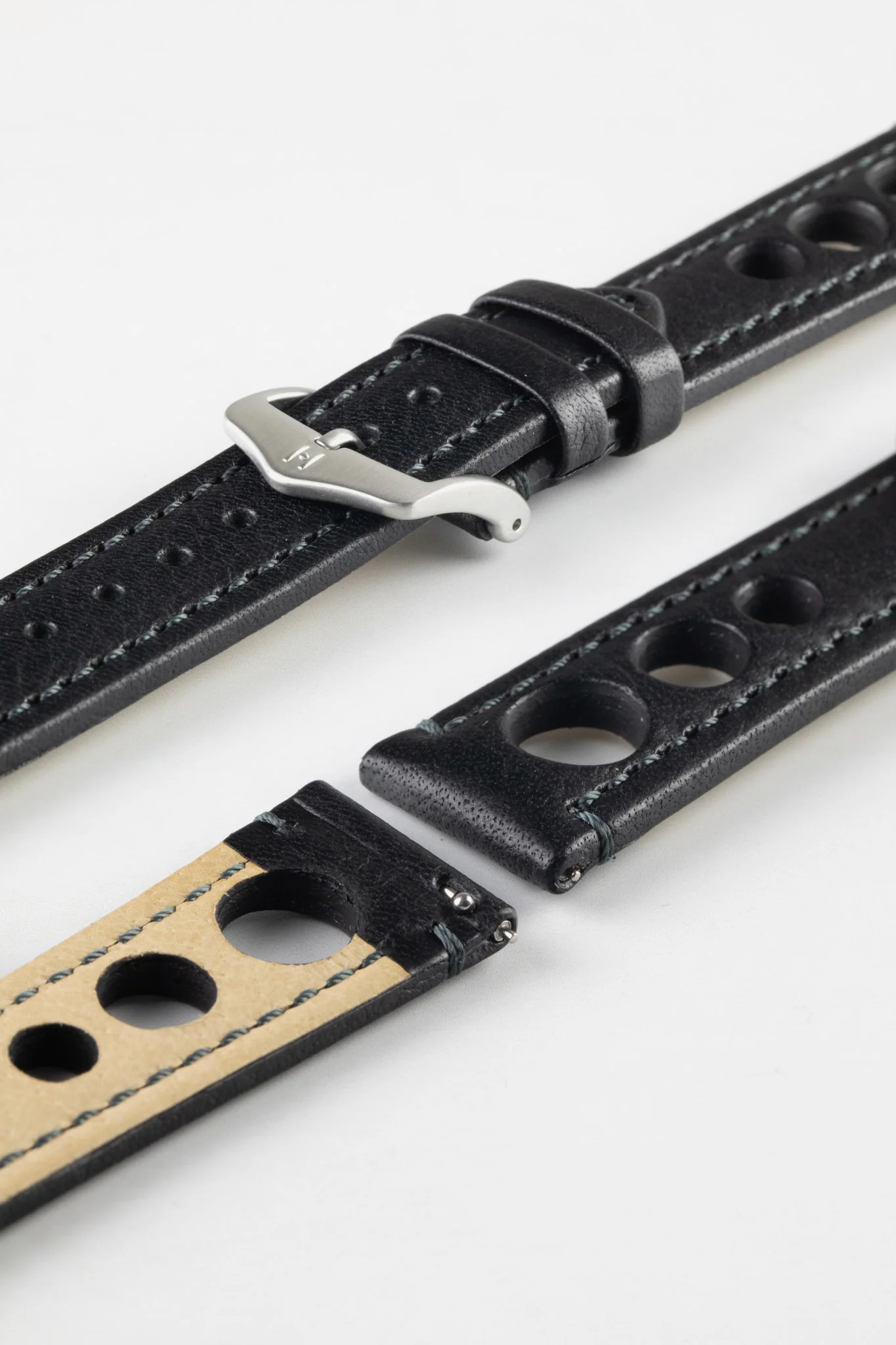 Hirsch RALLY Natural Leather Racing Watch Strap in BLACK - Image 10
