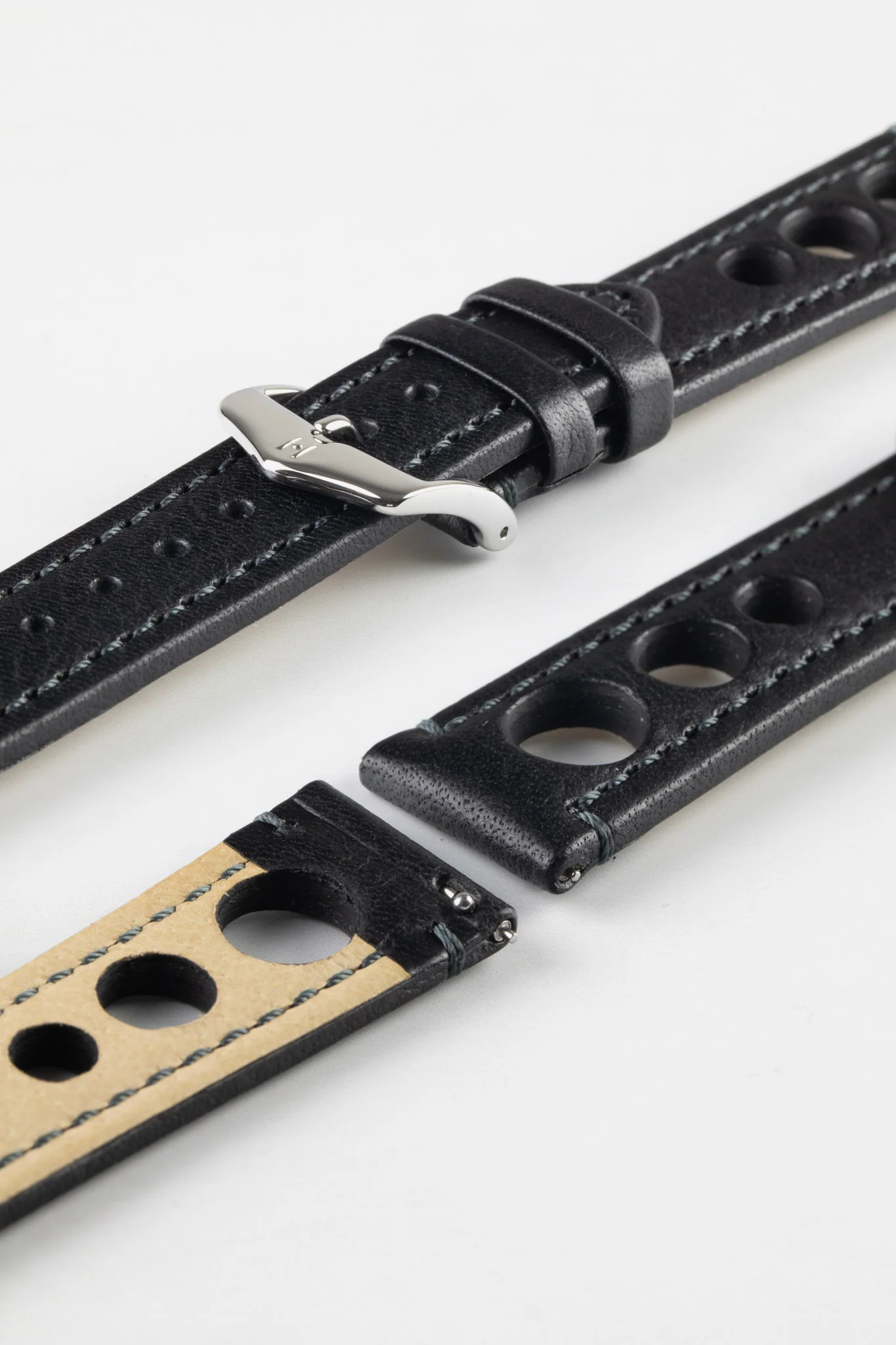 Hirsch RALLY Natural Leather Racing Watch Strap in BLACK - Image 7