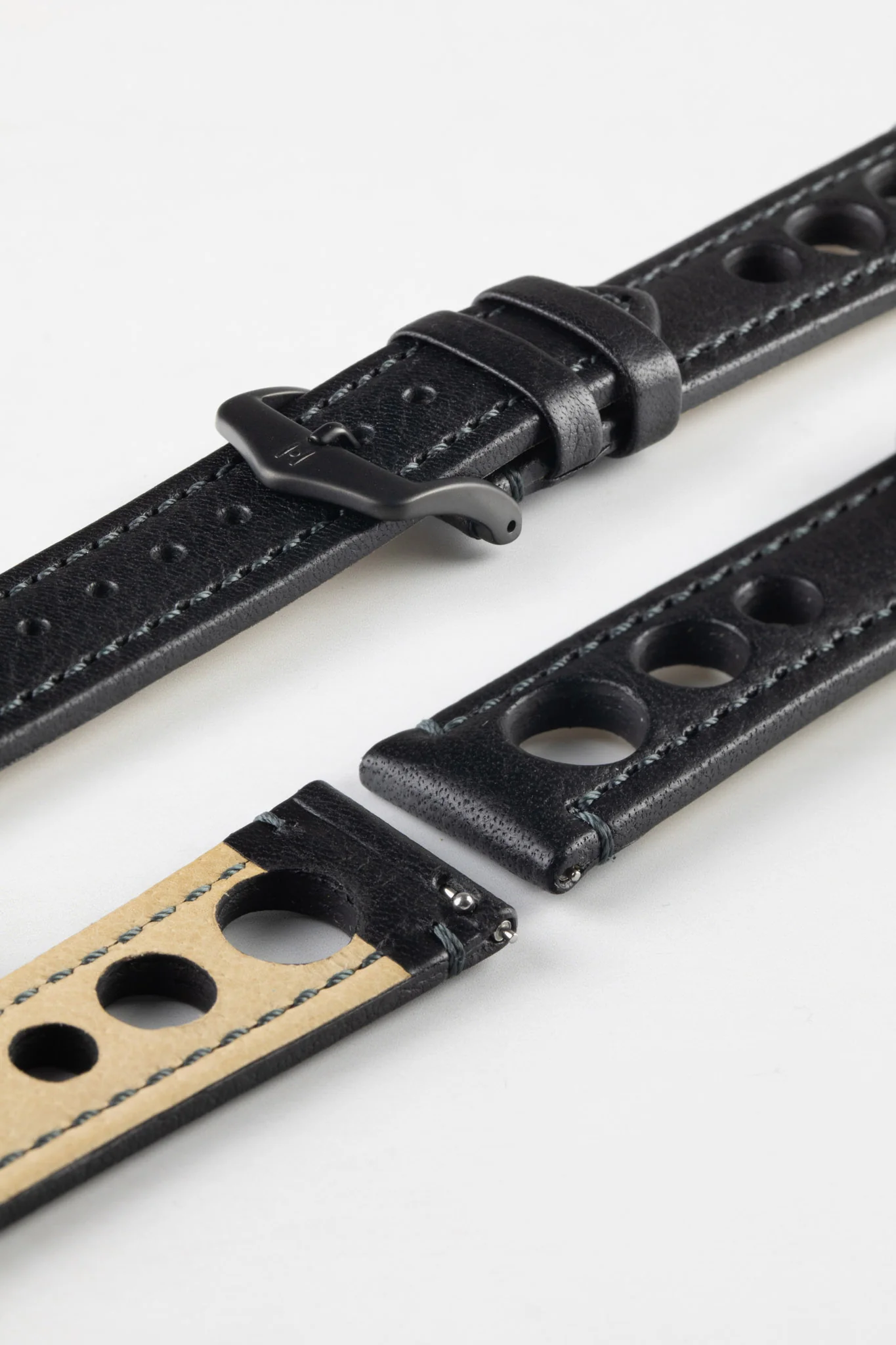 Hirsch RALLY Natural Leather Racing Watch Strap in BLACK - Image 9