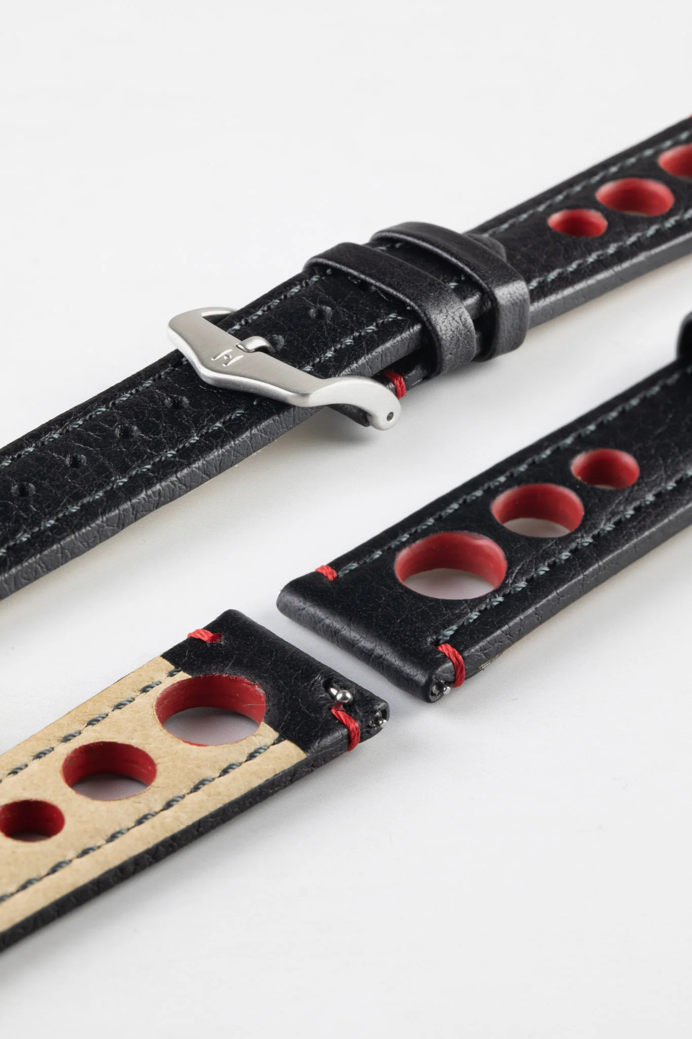 Hirsch RALLY Natural Leather Racing Watch Strap in BLACK / RED - Image 10